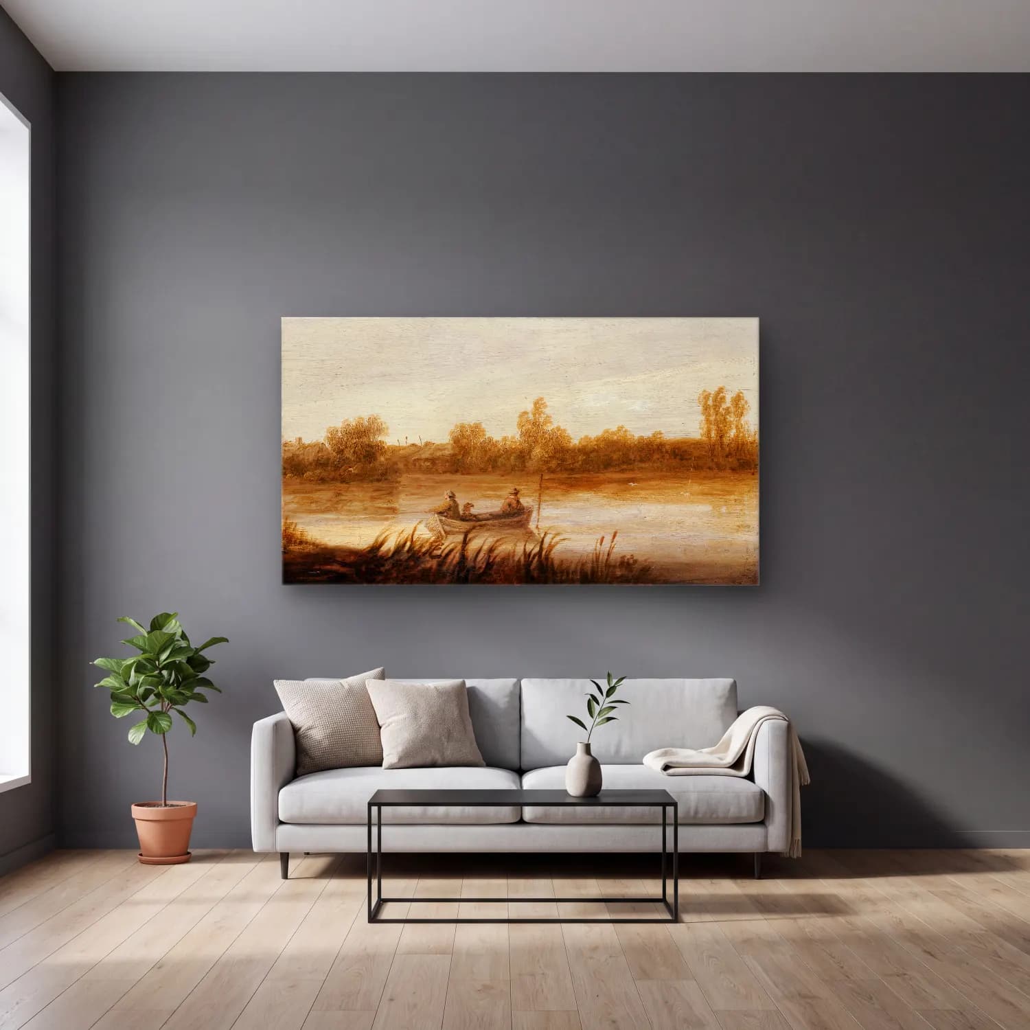 Aelbert Cuyp – River Landscape With Fishermen In A Boat cam tablo — gri duvarlı salonda