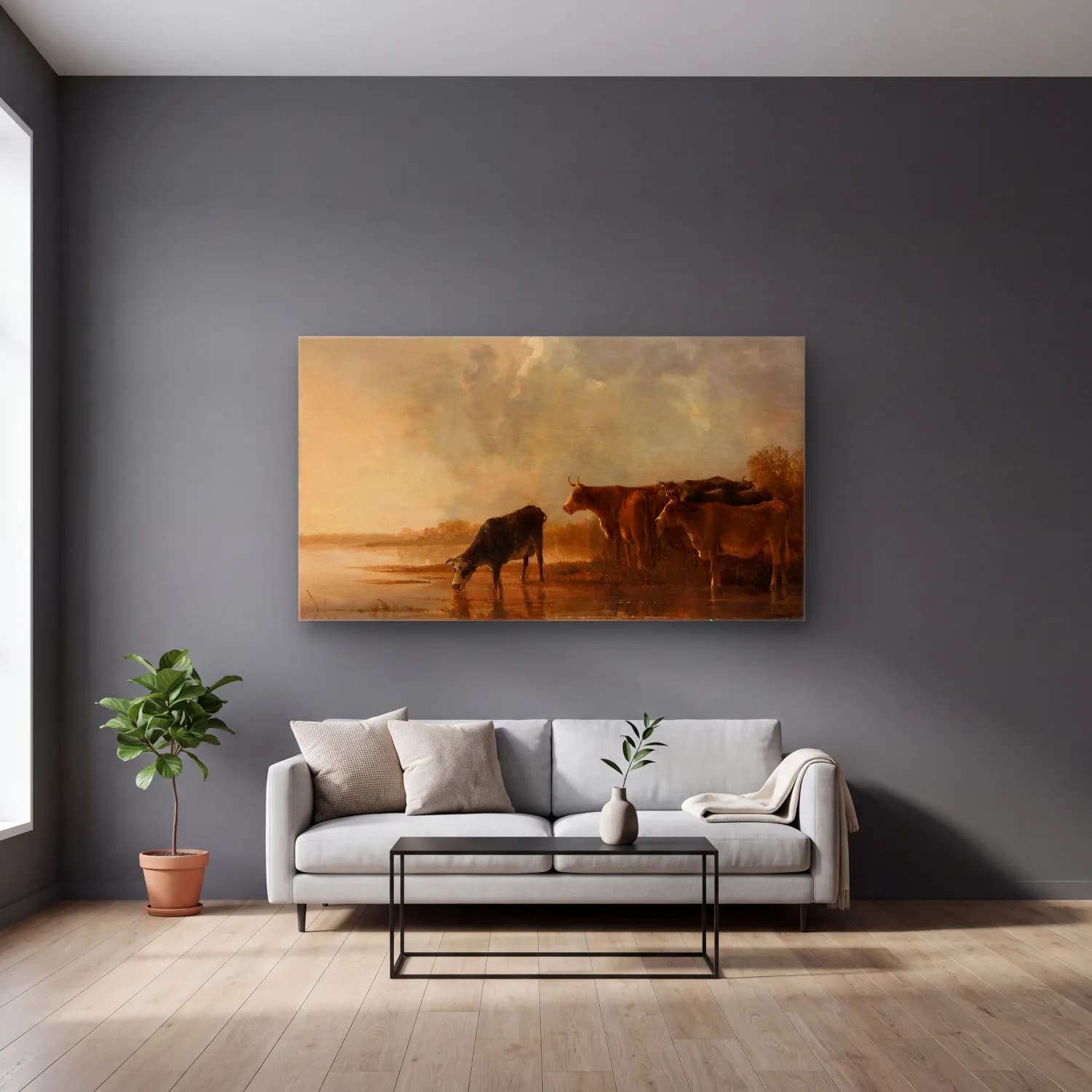 Aelbert Cuyp – River Landscape with Cows cam tablo — gri duvarlı salonda