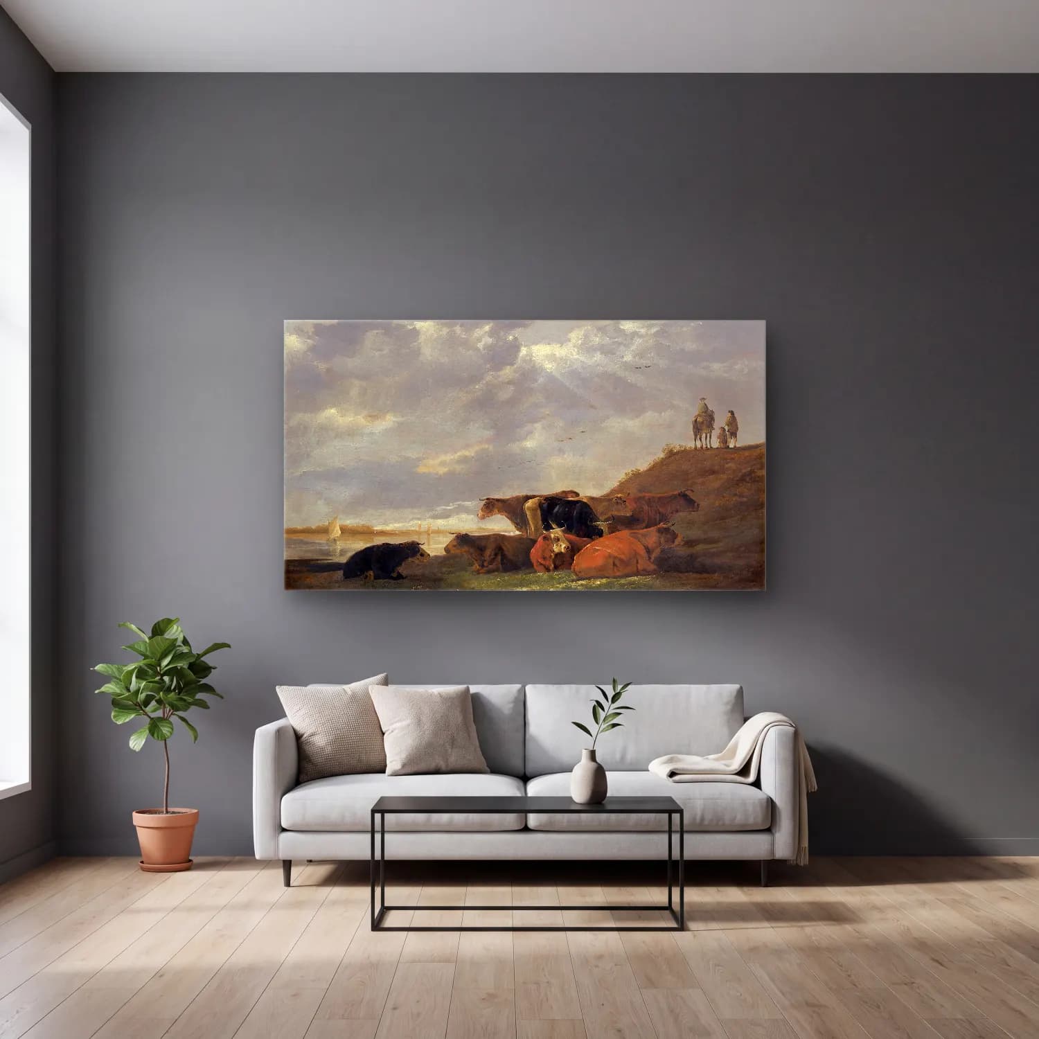 Aelbert Cuyp – River Landscape with Cows – Bej Tonlar cam tablo — gri duvarlı salonda