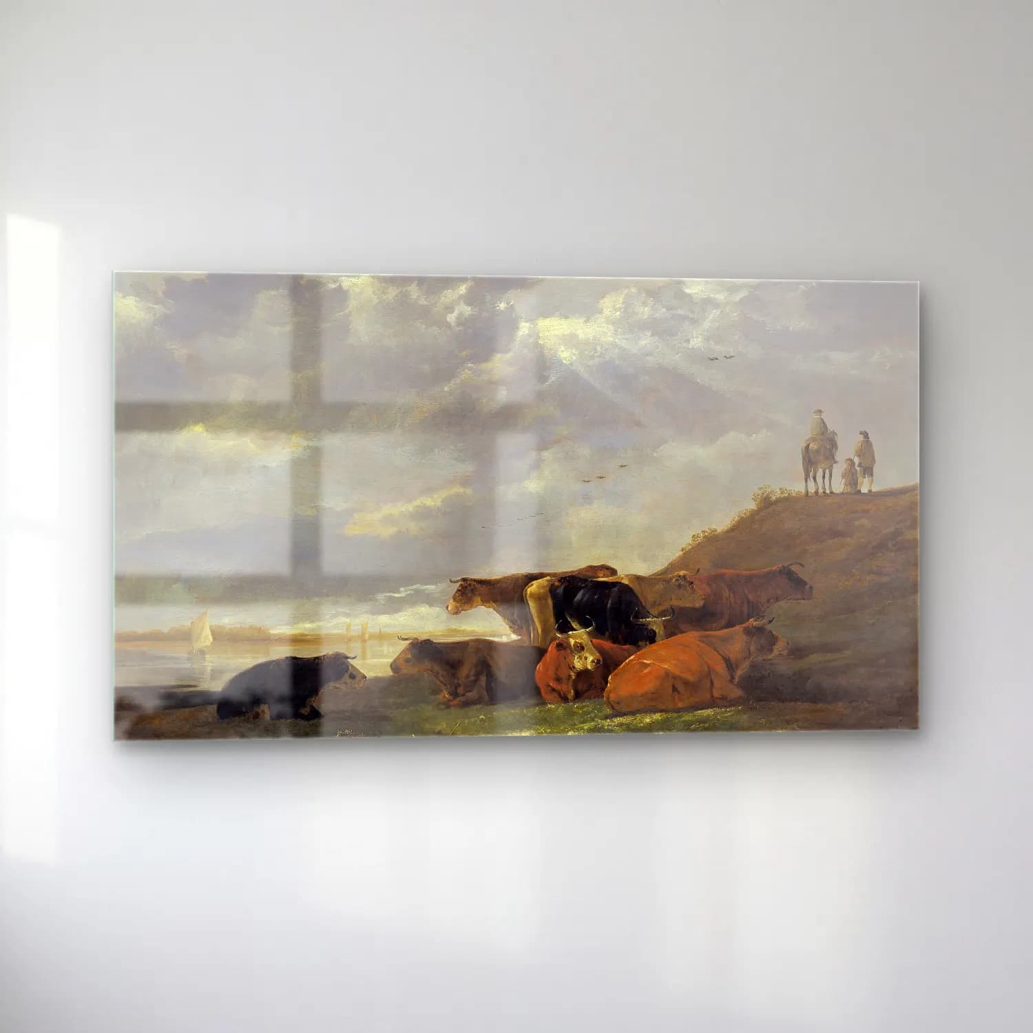 Aelbert Cuyp – River Landscape with Cows – Bej Tonlar cam tablo — sol açıdan görünüm