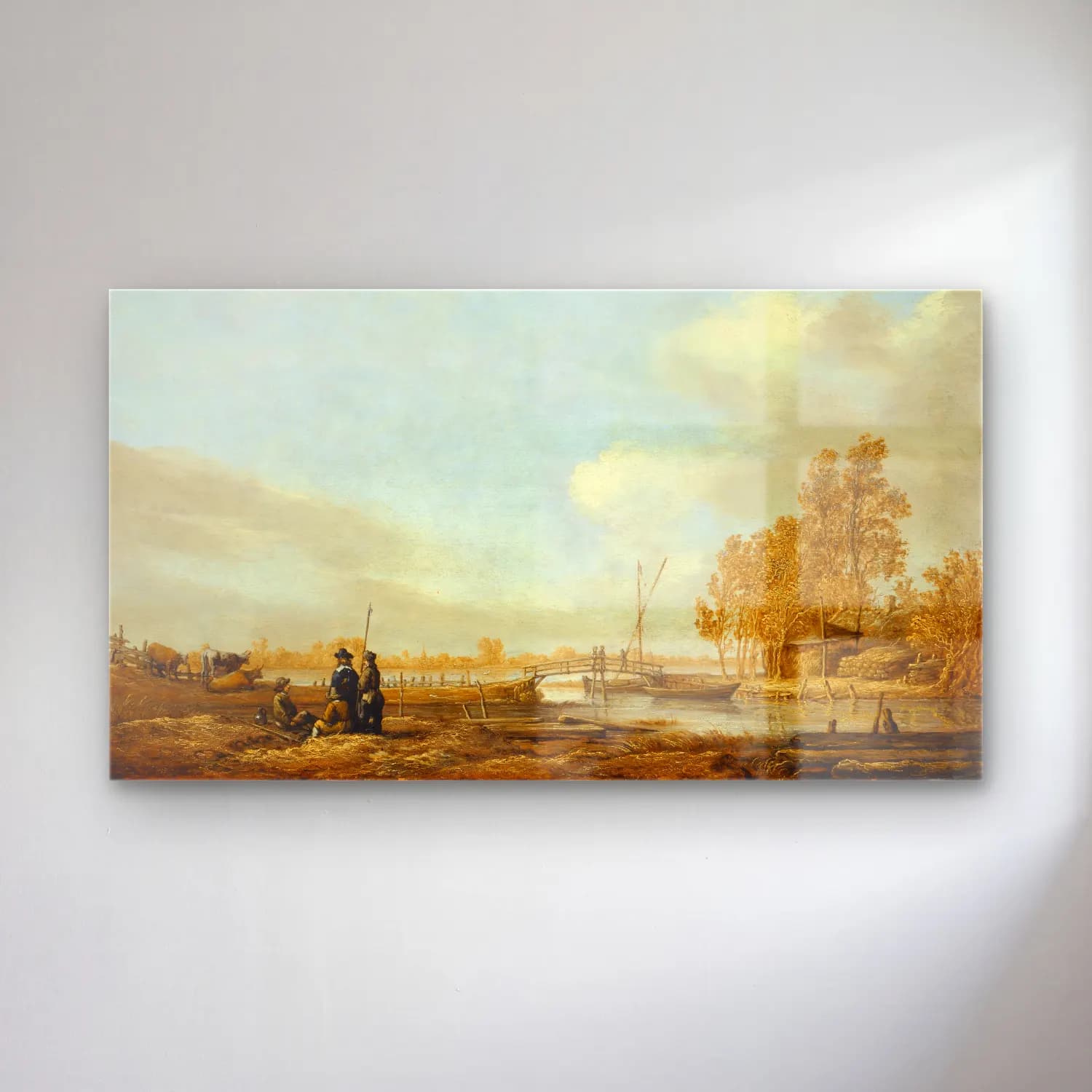Aelbert Cuyp – River Landscape with Footbridge (ca 1641) cam tablo — Aelbert Cuyp – River Landscape with Footbridge (ca 1641) — yağlı boya kırda nehir