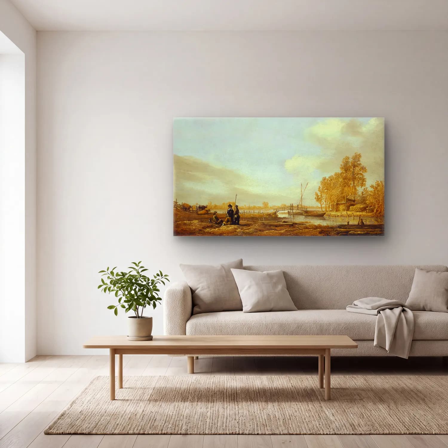 Aelbert Cuyp – River Landscape with Footbridge (ca 1641) cam tablo — açık renk salonda