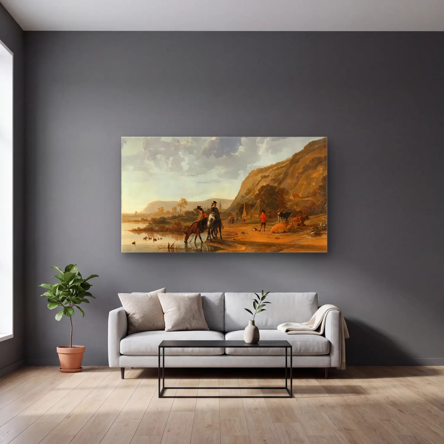 Aelbert Cuyp – River Landscape with Riders cam tablo — gri duvarlı salonda