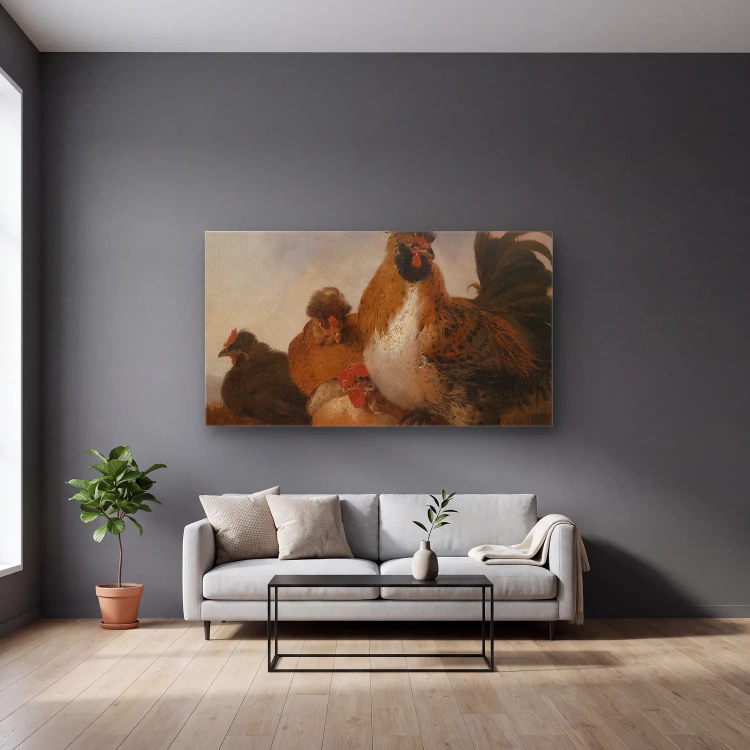 Aelbert Cuyp – Rooster and Hens Object type (17th century) cam tablo — gri duvarlı salonda