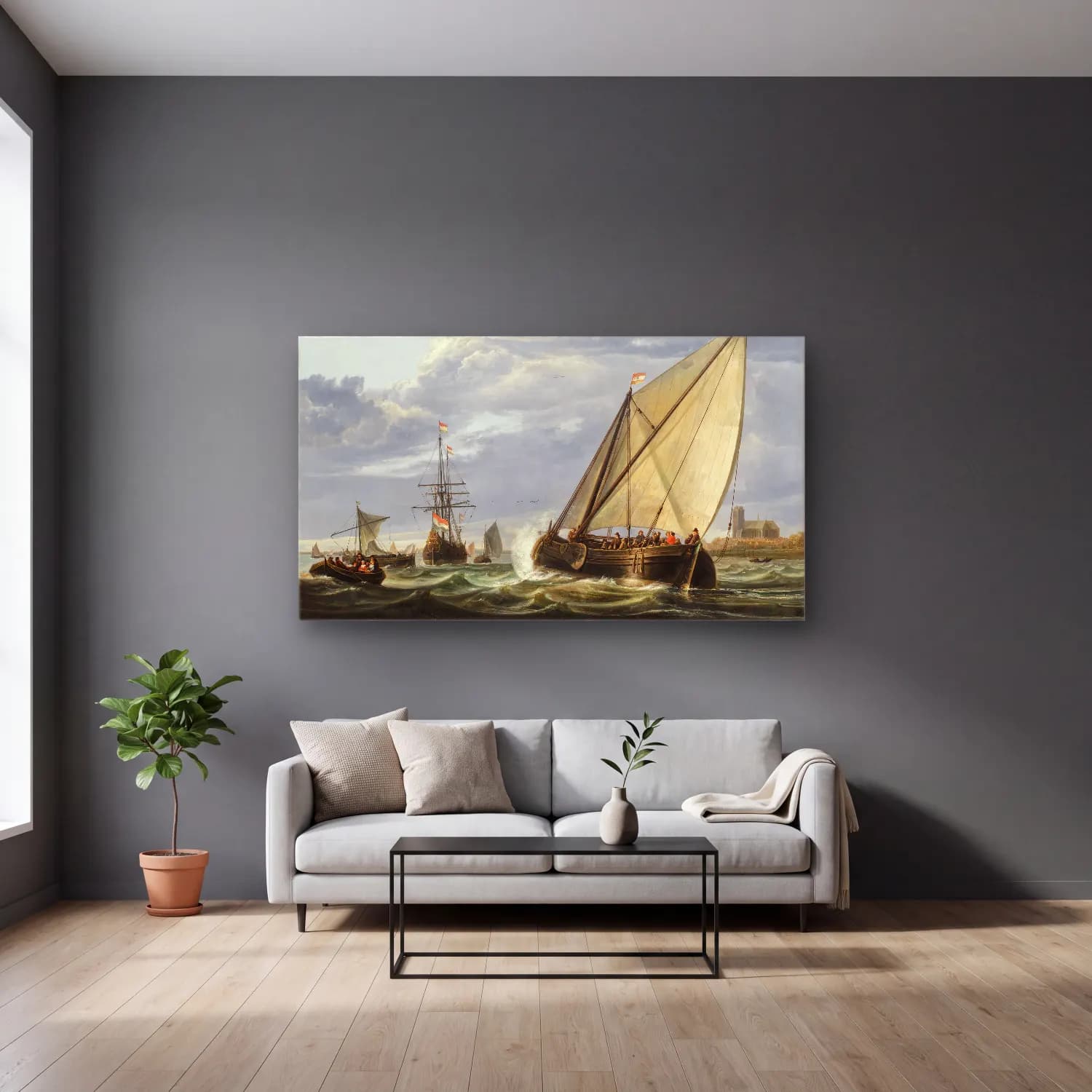 Aelbert Cuyp – Shipping on the Maas, Dordrecht (early 1650s) cam tablo — gri duvarlı salonda