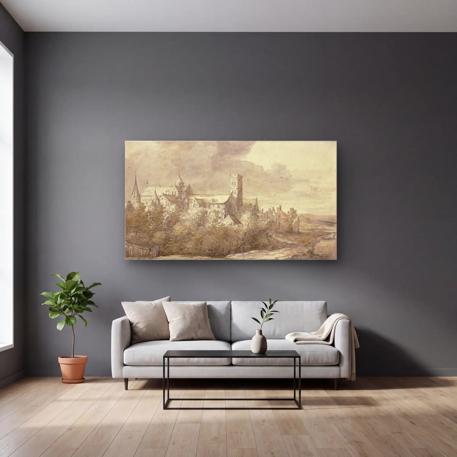 Aelbert Cuyp – St. Mary’s church in Utrecht cam tablo — gri duvarlı salonda