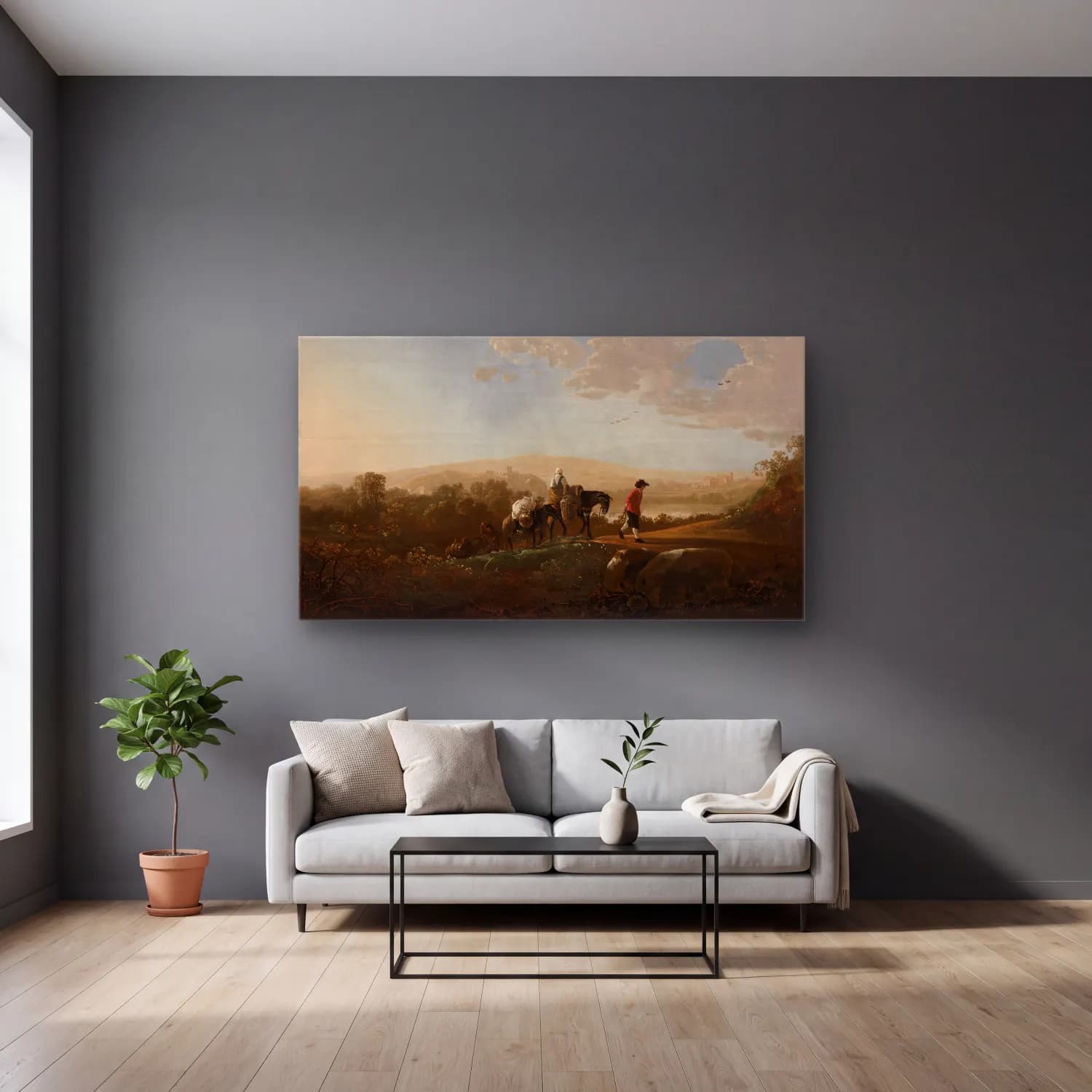 Aelbert Cuyp – Travelers in Hilly Countryside cam tablo — gri duvarlı salonda