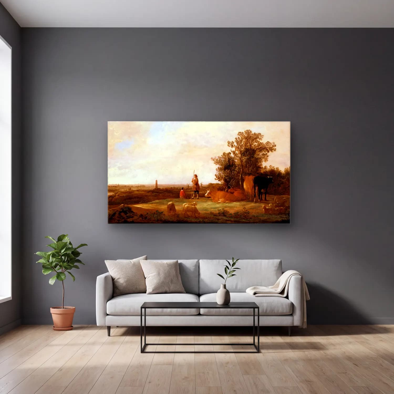 Aelbert Cuyp – View on a Plain cam tablo — gri duvarlı salonda