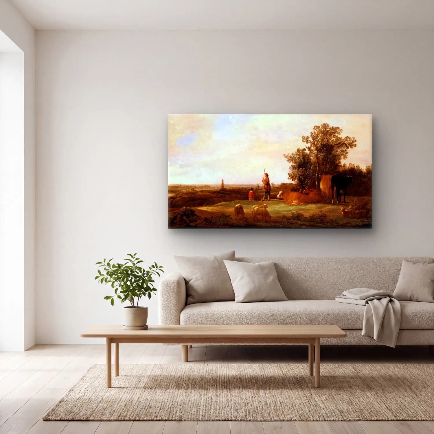Aelbert Cuyp – View on a Plain cam tablo — açık renk salonda