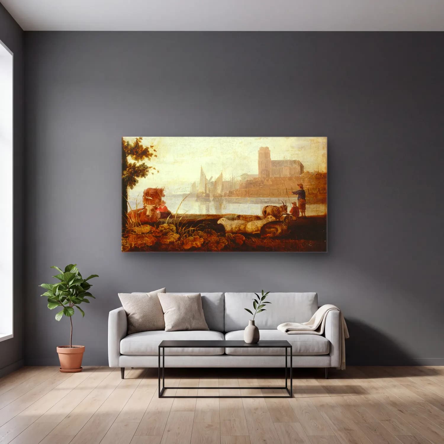 Aelbert Cuyp – View on the Maas cam tablo — gri duvarlı salonda