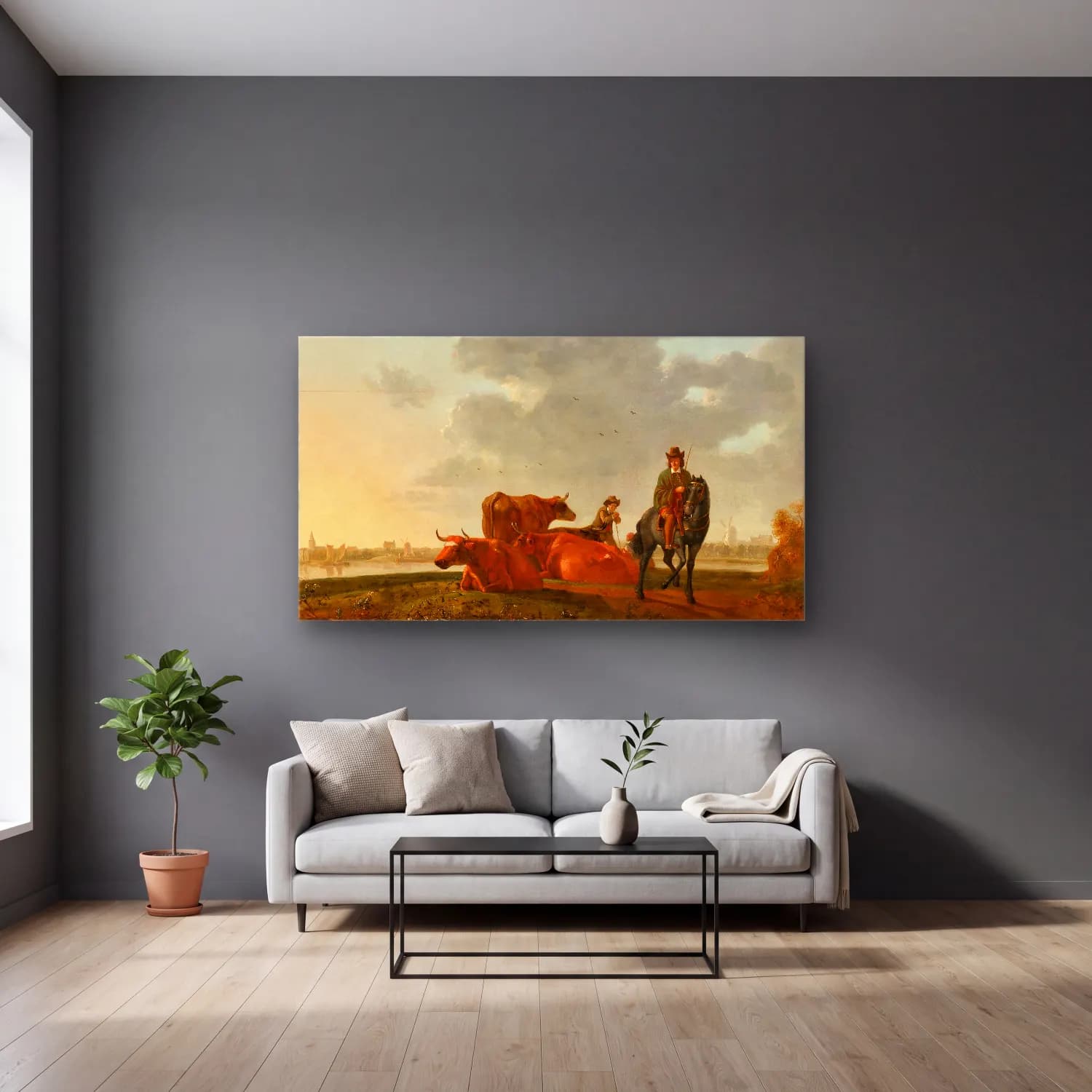 Aelbert Cuyp – Weide am Fluss cam tablo — gri duvarlı salonda