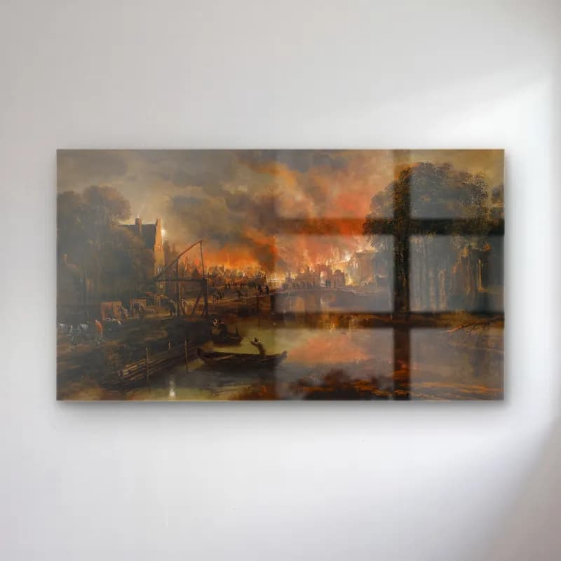 Aert van der Neer – A Moonlit Landscape With A Burning Village cam tablo — Aert van der Neer – A Moonlit Landscape With A Burning Village — yağlı boya savaş sahnesi