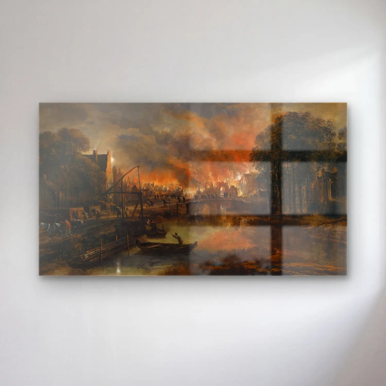 Aert van der Neer – A Moonlit Landscape With A Burning Village cam tablo — Aert van der Neer – A Moonlit Landscape With A Burning Village — yağlı boya savaş sahnesi
