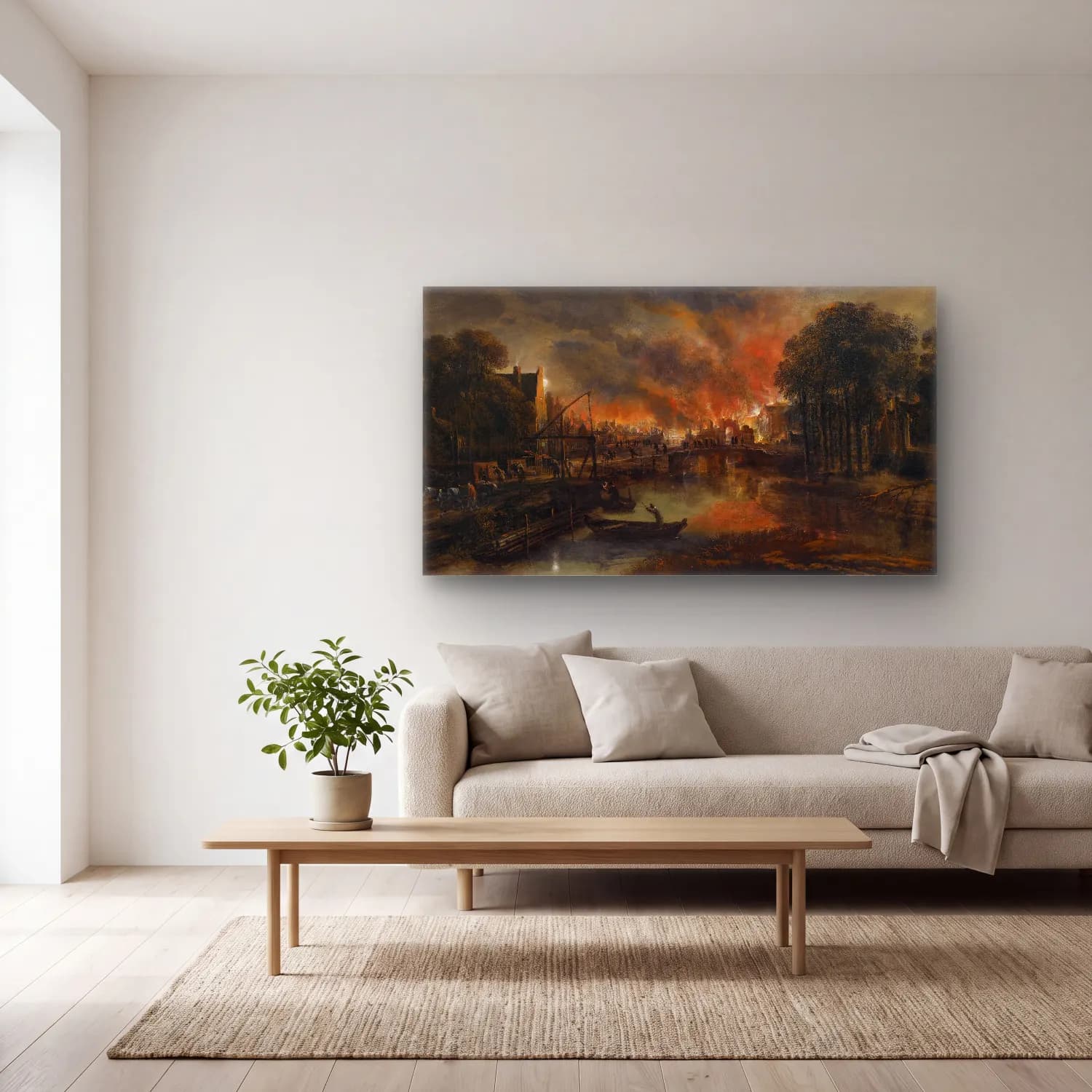 Aert van der Neer – A Moonlit Landscape With A Burning Village cam tablo — açık renk salonda