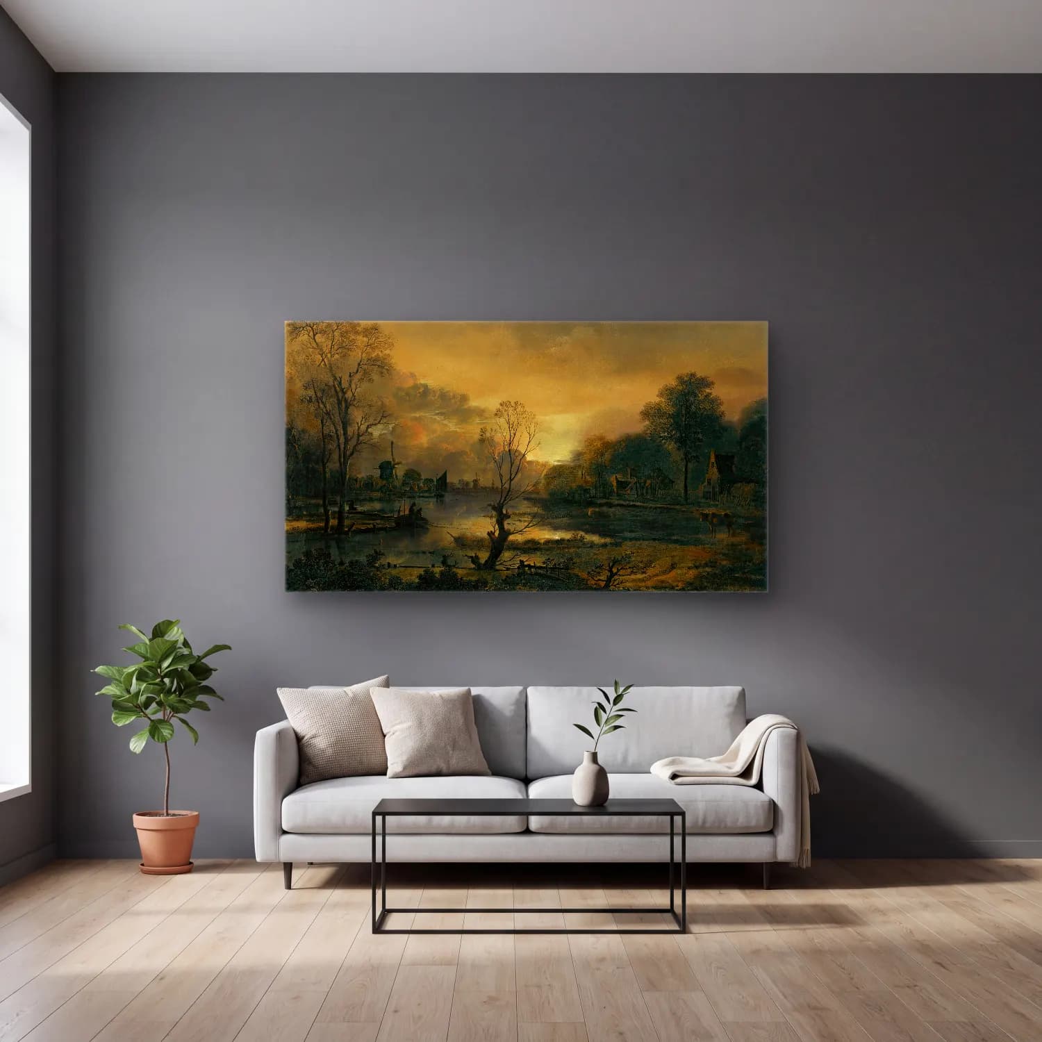 Aert van der Neer – A River Landscape At Sunset With Fishermen Drawing In Their… cam tablo — gri duvarlı salonda