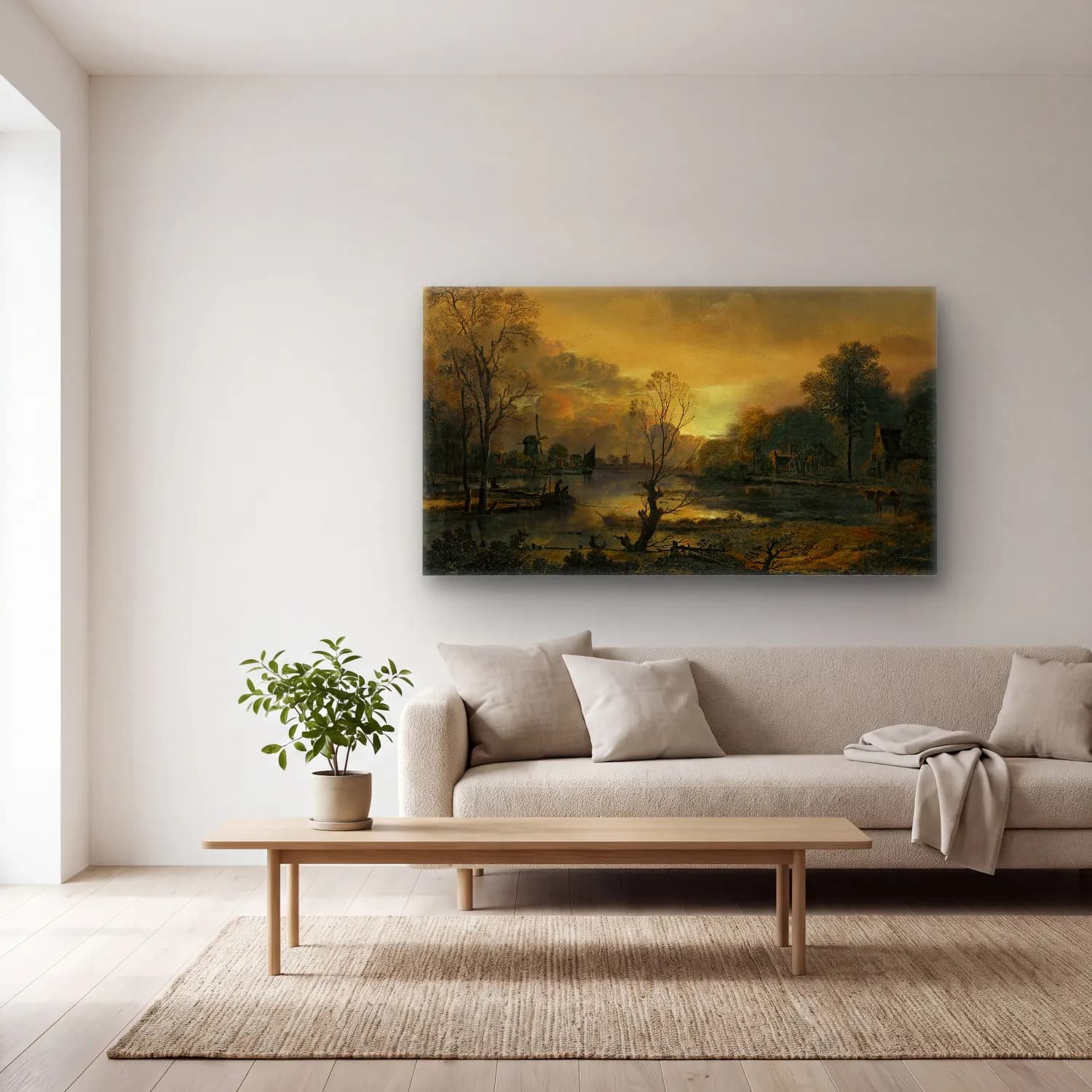 Aert van der Neer – A River Landscape At Sunset With Fishermen Drawing In Their… cam tablo — açık renk salonda