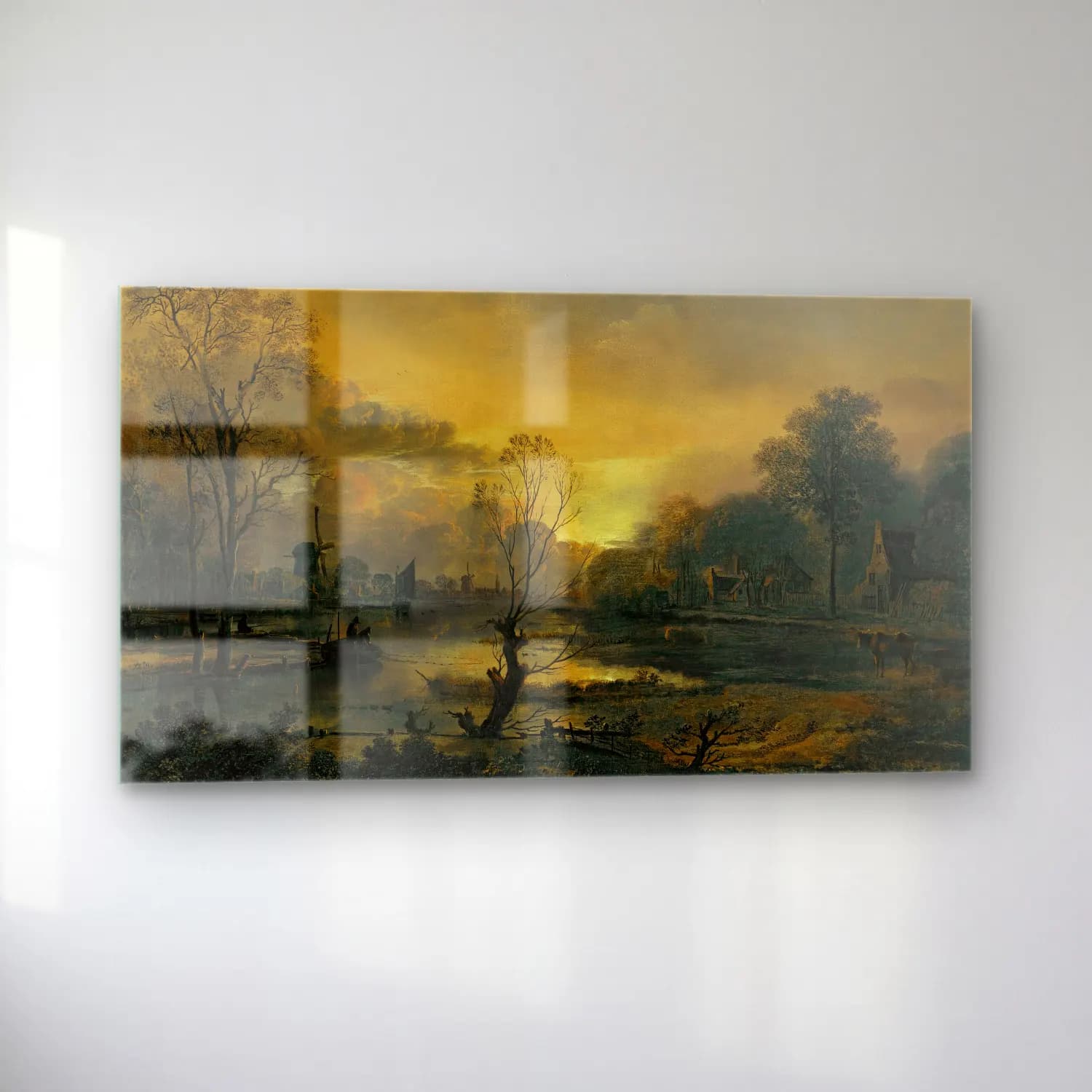 Aert van der Neer – A River Landscape At Sunset With Fishermen Drawing In Their… cam tablo — sol açıdan görünüm