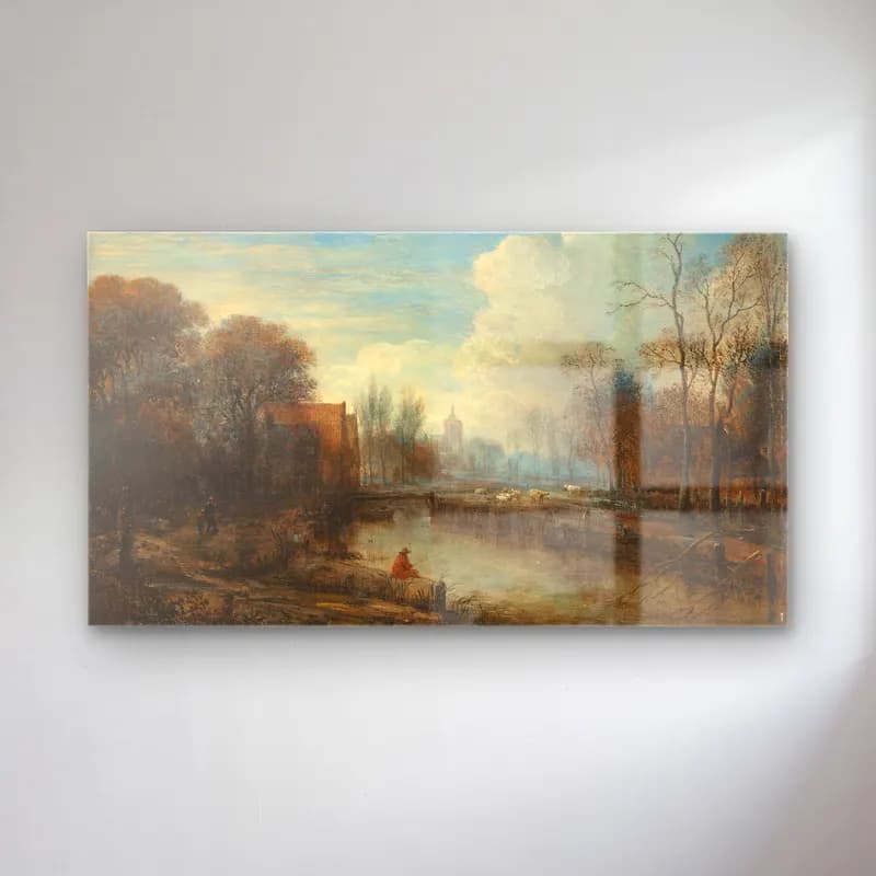 Aert van der Neer – A river landscape, with an angler and sheep on the banks cam tablo — Aert van der Neer – A river landscape, with an angler and sheep on the banks — yağlı boya kırda nehir
