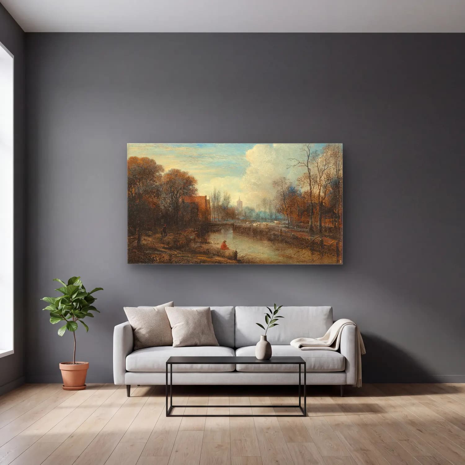 Aert van der Neer – A river landscape, with an angler and sheep on the banks cam tablo — gri duvarlı salonda