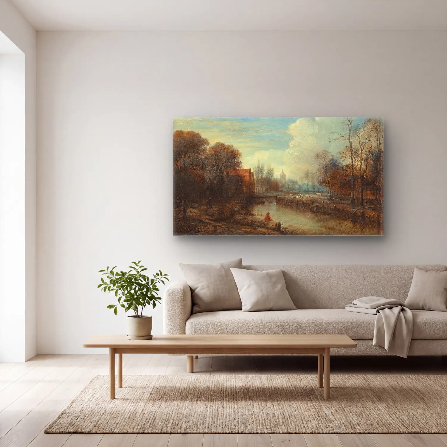Aert van der Neer – A river landscape, with an angler and sheep on the banks cam tablo — açık renk salonda