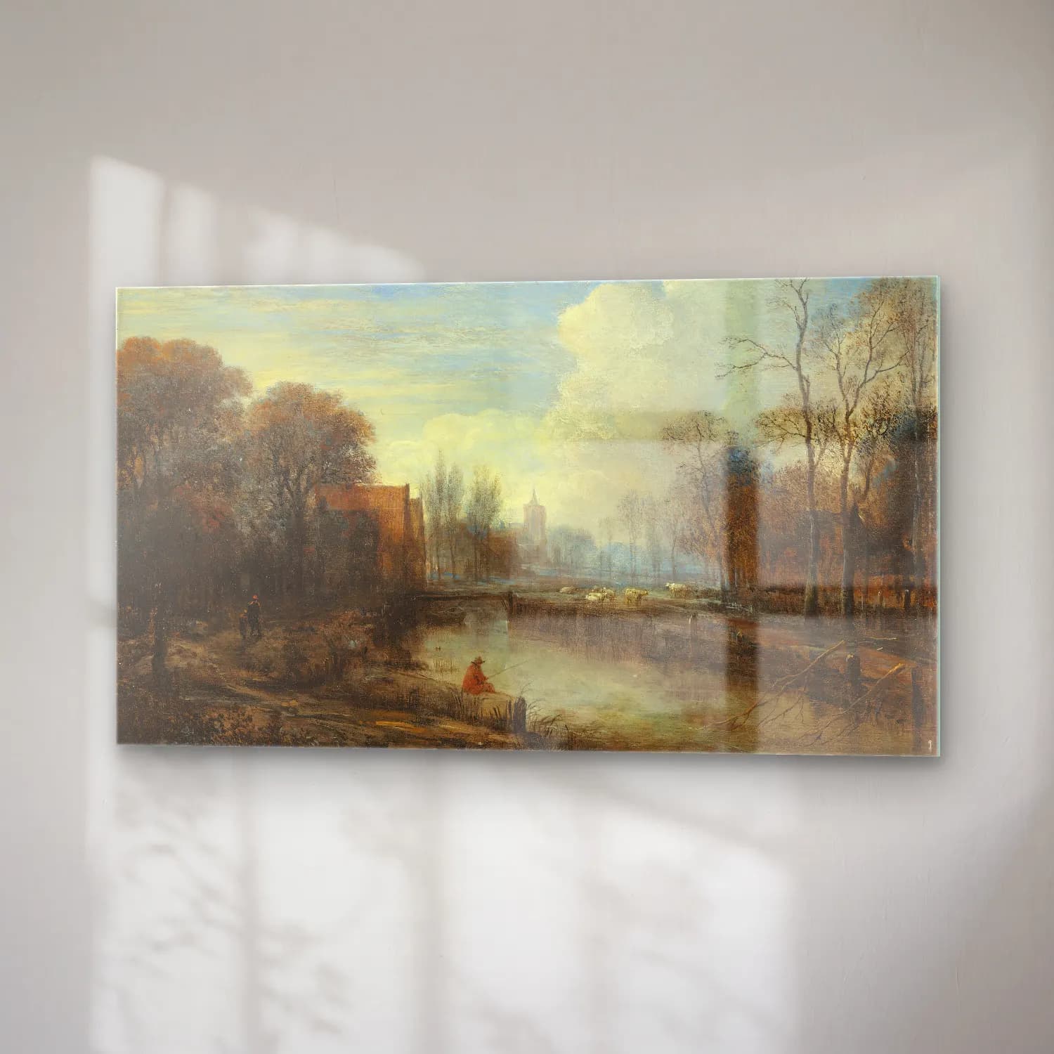 Aert van der Neer – A river landscape, with an angler and sheep on the banks cam tablo — sağ açıdan görünüm