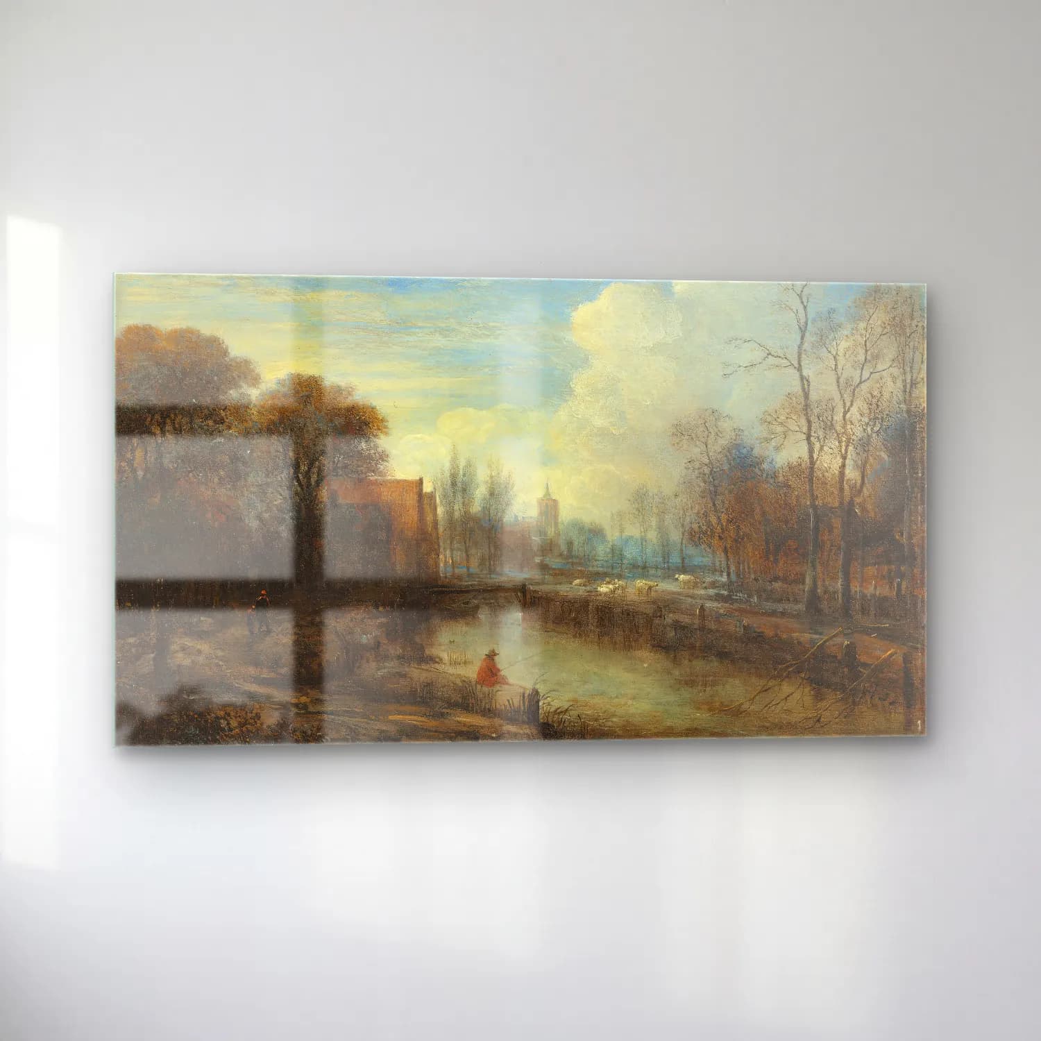 Aert van der Neer – A river landscape, with an angler and sheep on the banks cam tablo — sol açıdan görünüm