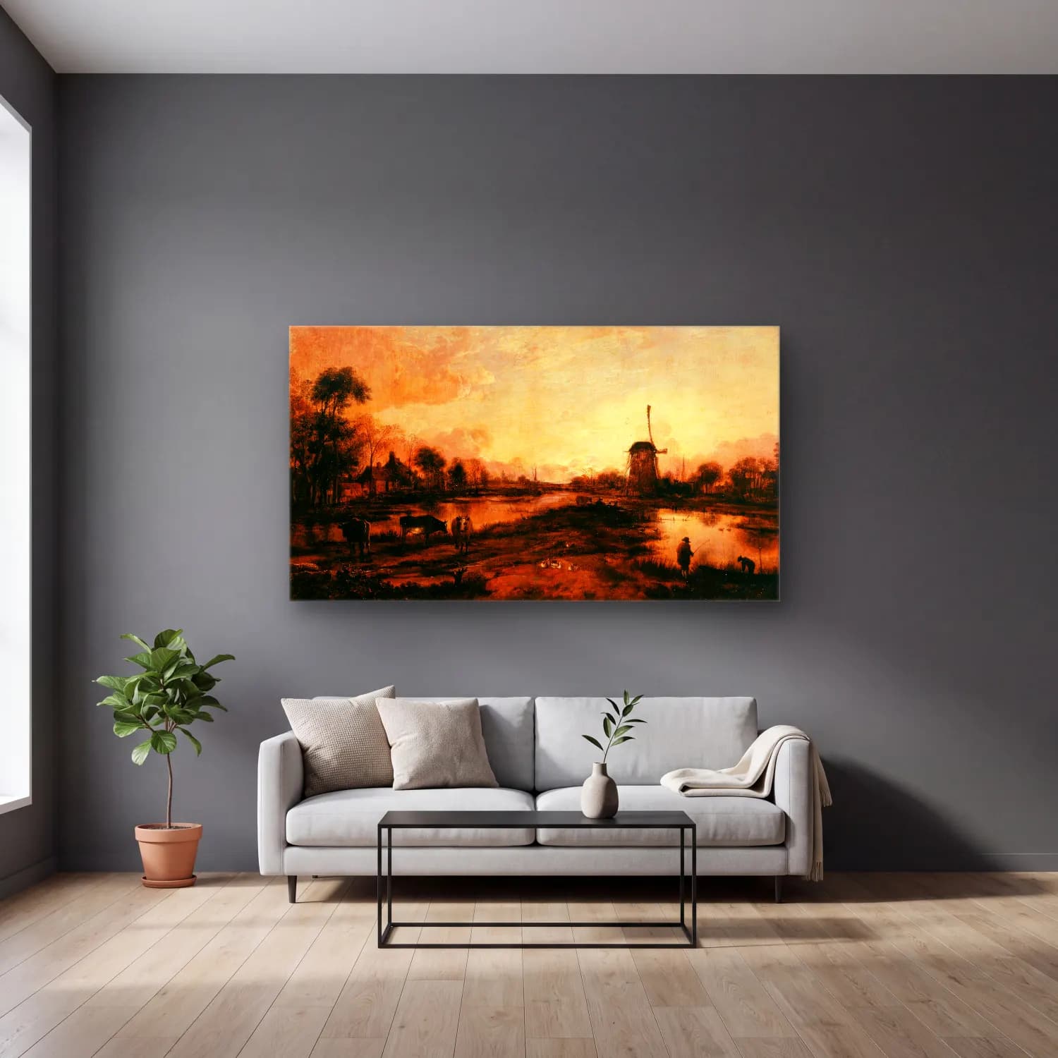 Aert van der Neer – Coucher de soleil sur l’Yssel cam tablo — gri duvarlı salonda