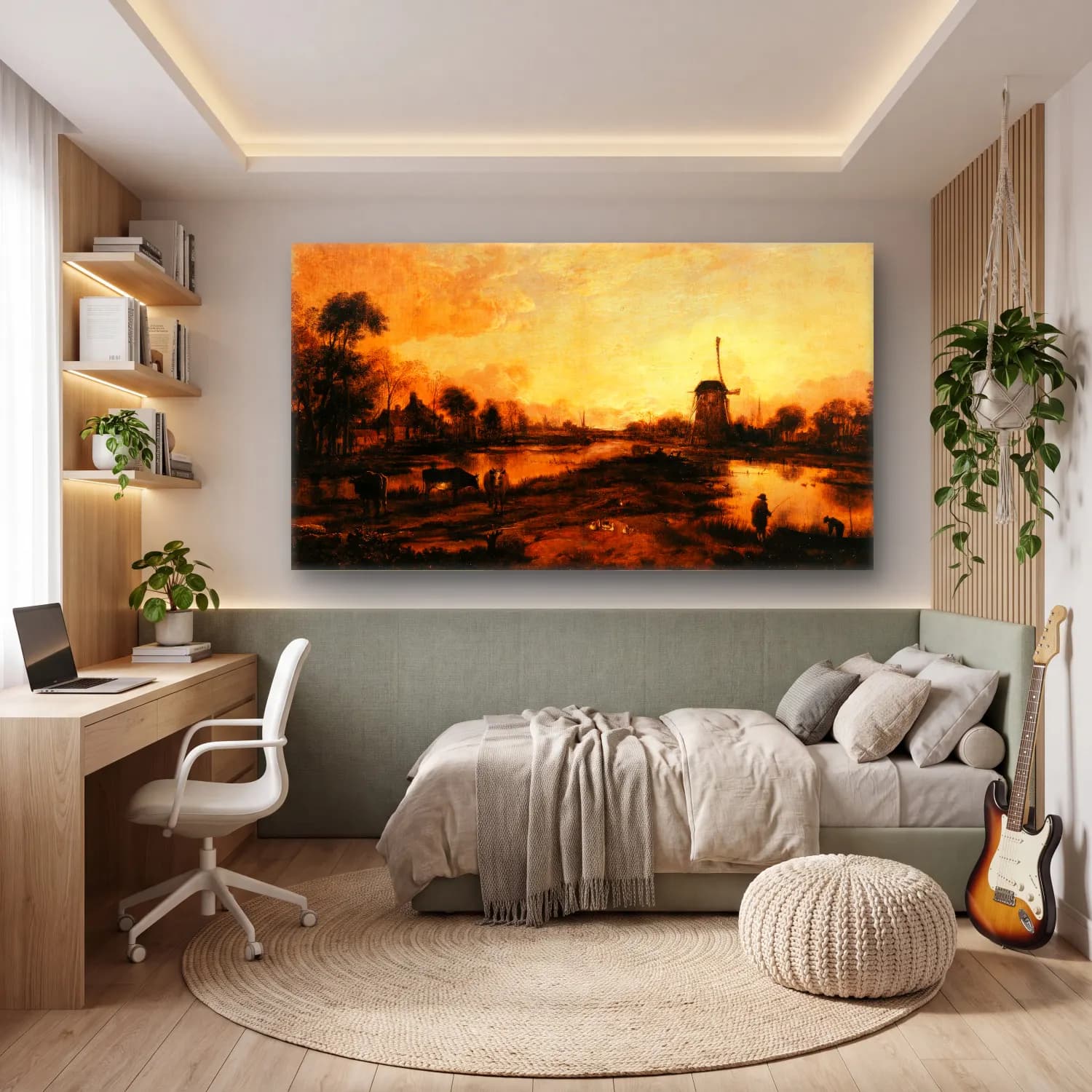 Aert van der Neer – Coucher de soleil sur l’Yssel cam tablo — genç odasında