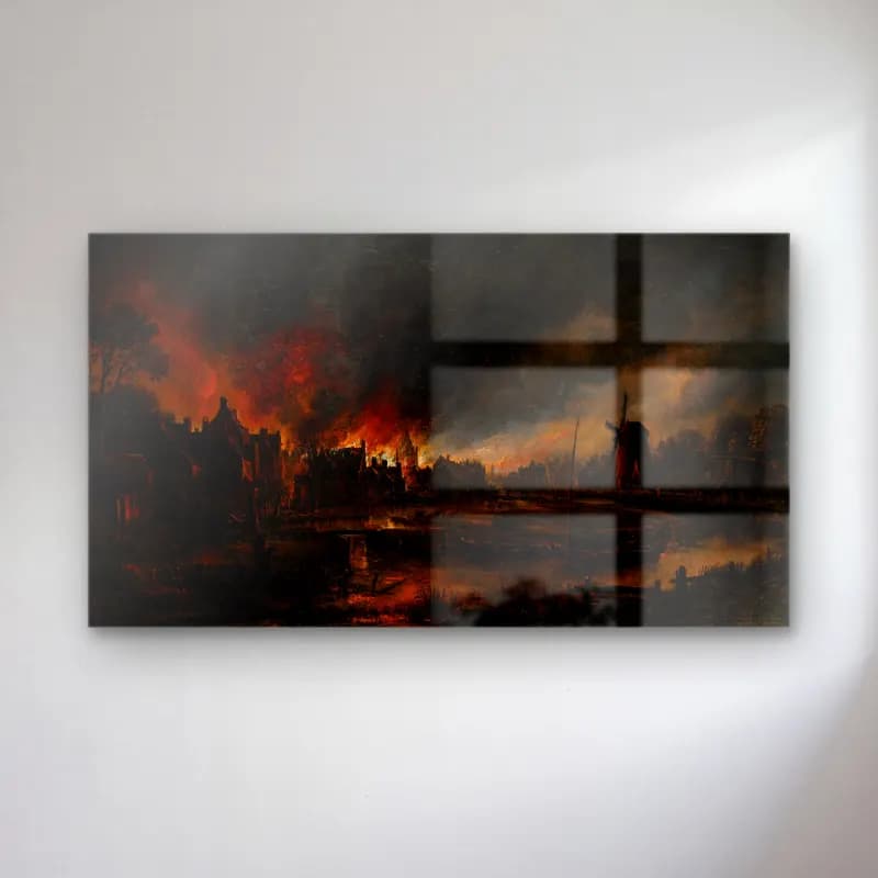 Aert van der Neer – Fire in a village at night cam tablo — Aert van der Neer – Fire in a village at night — yağlı boya savaş sahnesi