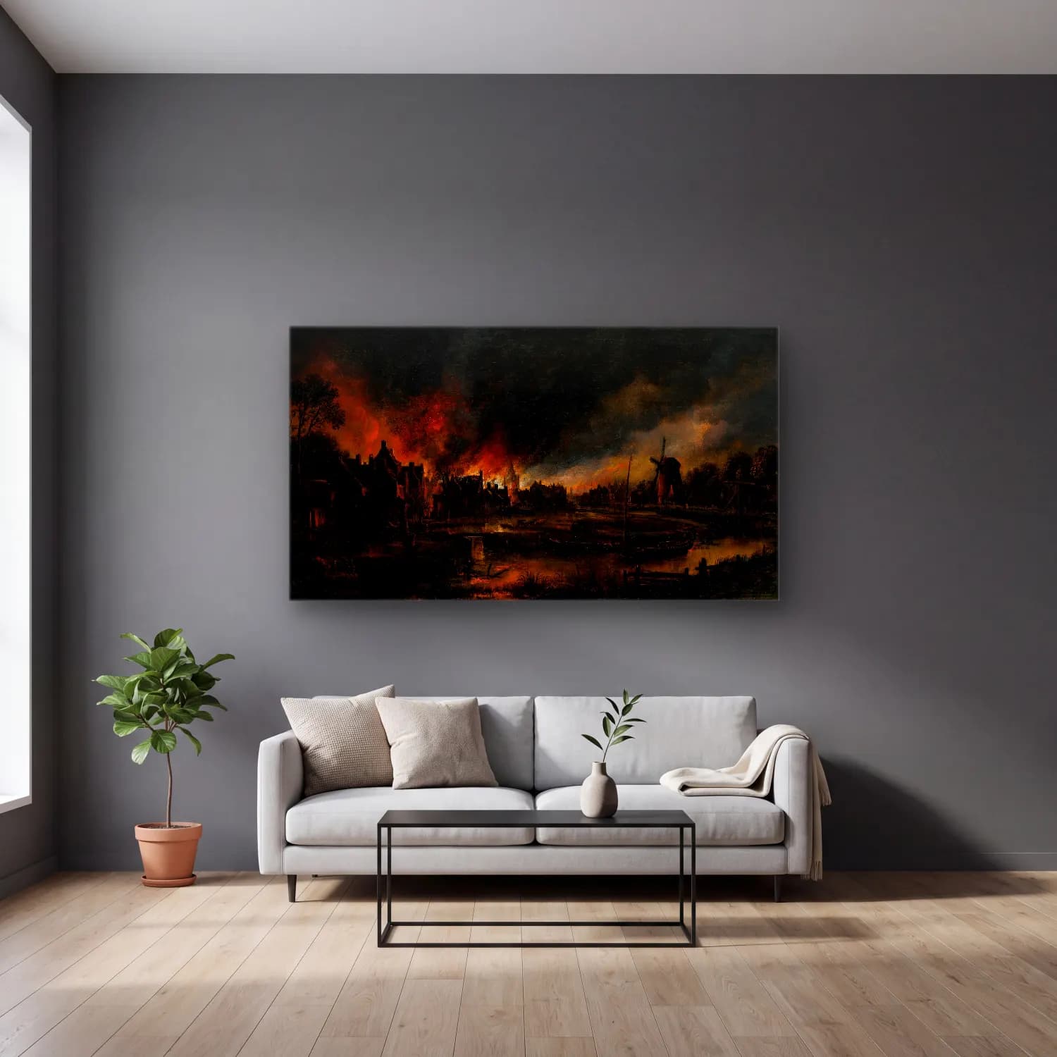 Aert van der Neer – Fire in a village at night cam tablo — gri duvarlı salonda