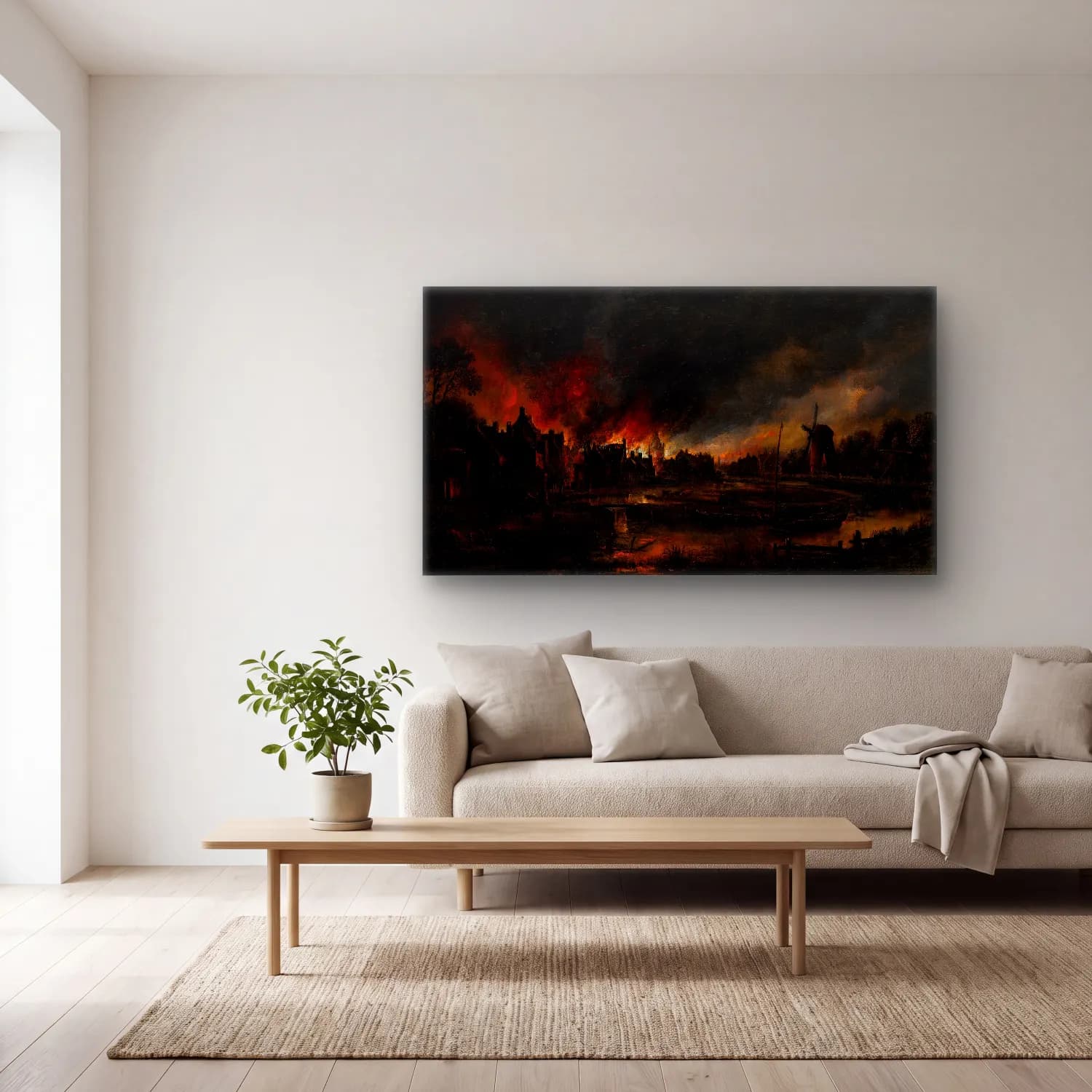 Aert van der Neer – Fire in a village at night cam tablo — açık renk salonda