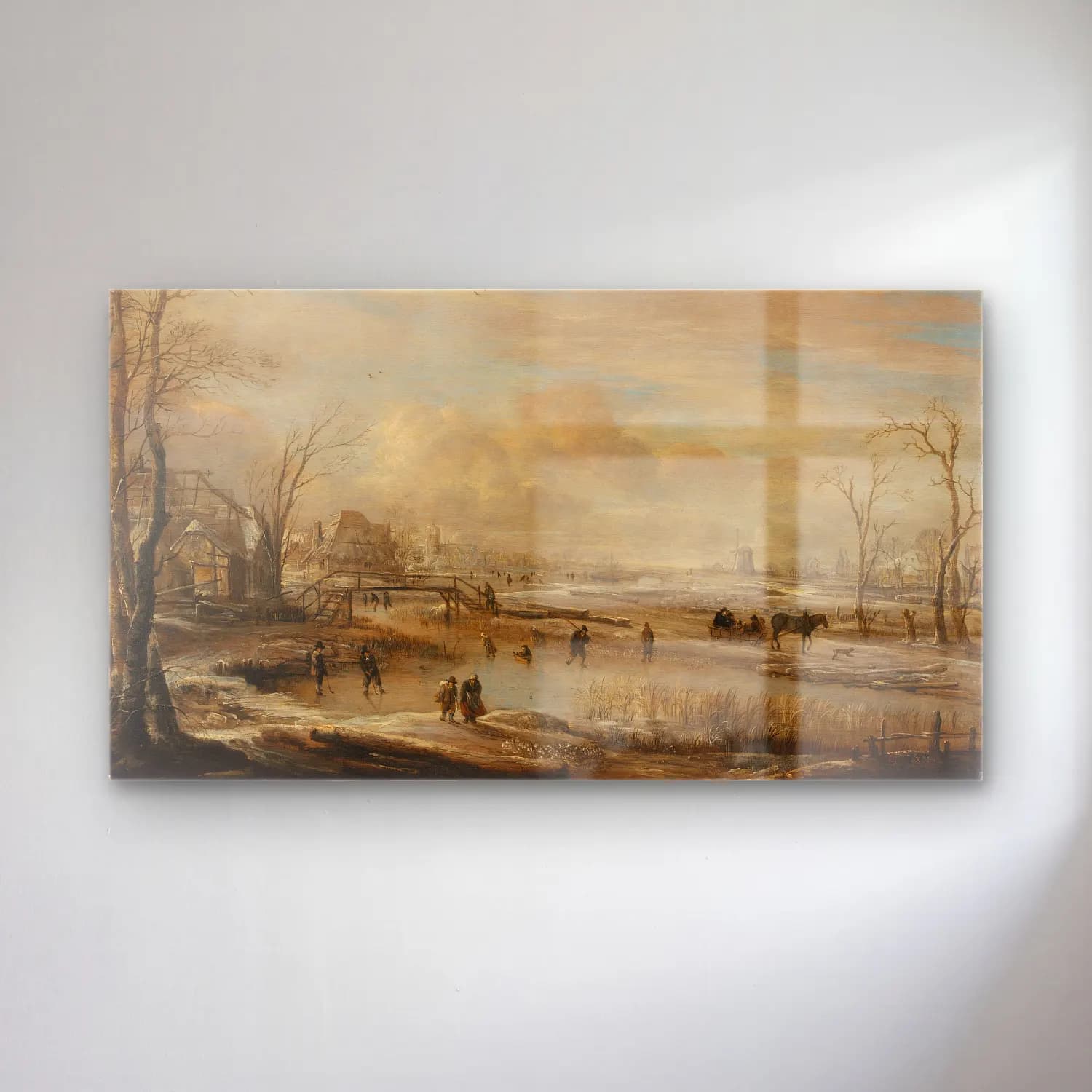 Aert van der Neer – Frozen River with a Footbridge (circa 1650-1660) cam tablo — Aert van der Neer – Frozen River with a Footbridge (circa 1650-1660) — yağlı boya karlı kış manzarası