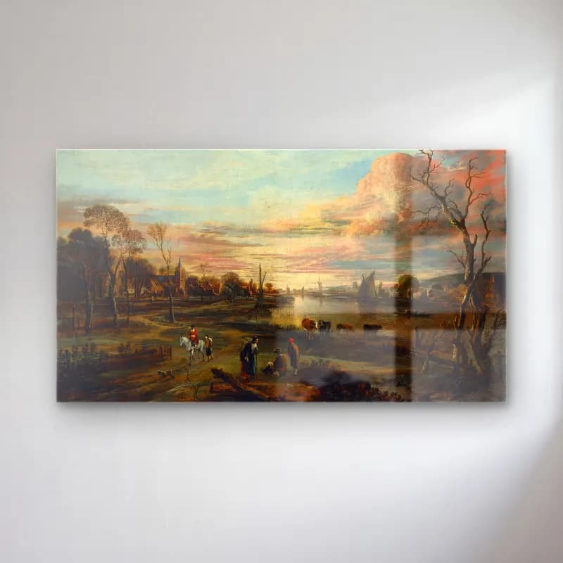Aert van der Neer – Landscape at Sunset cam tablo — Aert van der Neer – Landscape at Sunset — yağlı boya kırda nehir