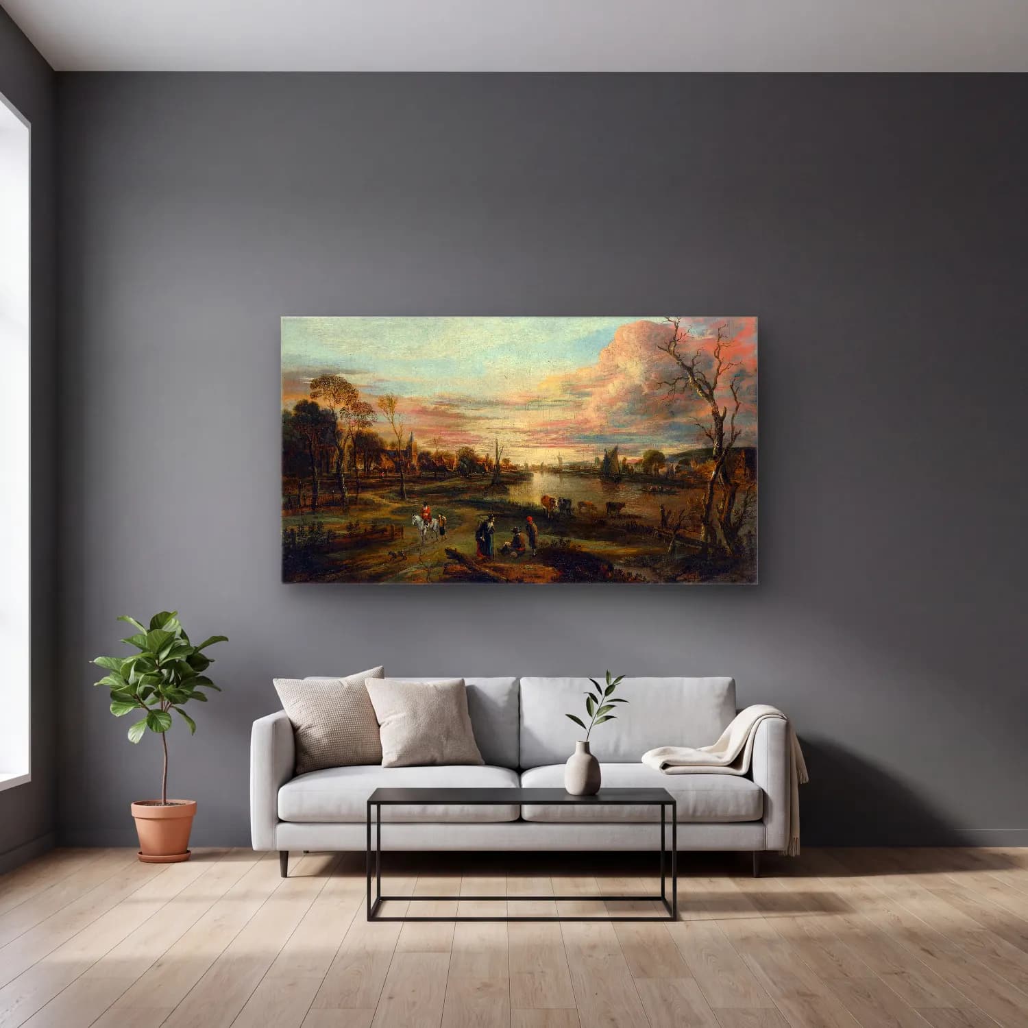 Aert van der Neer – Landscape at Sunset cam tablo — gri duvarlı salonda