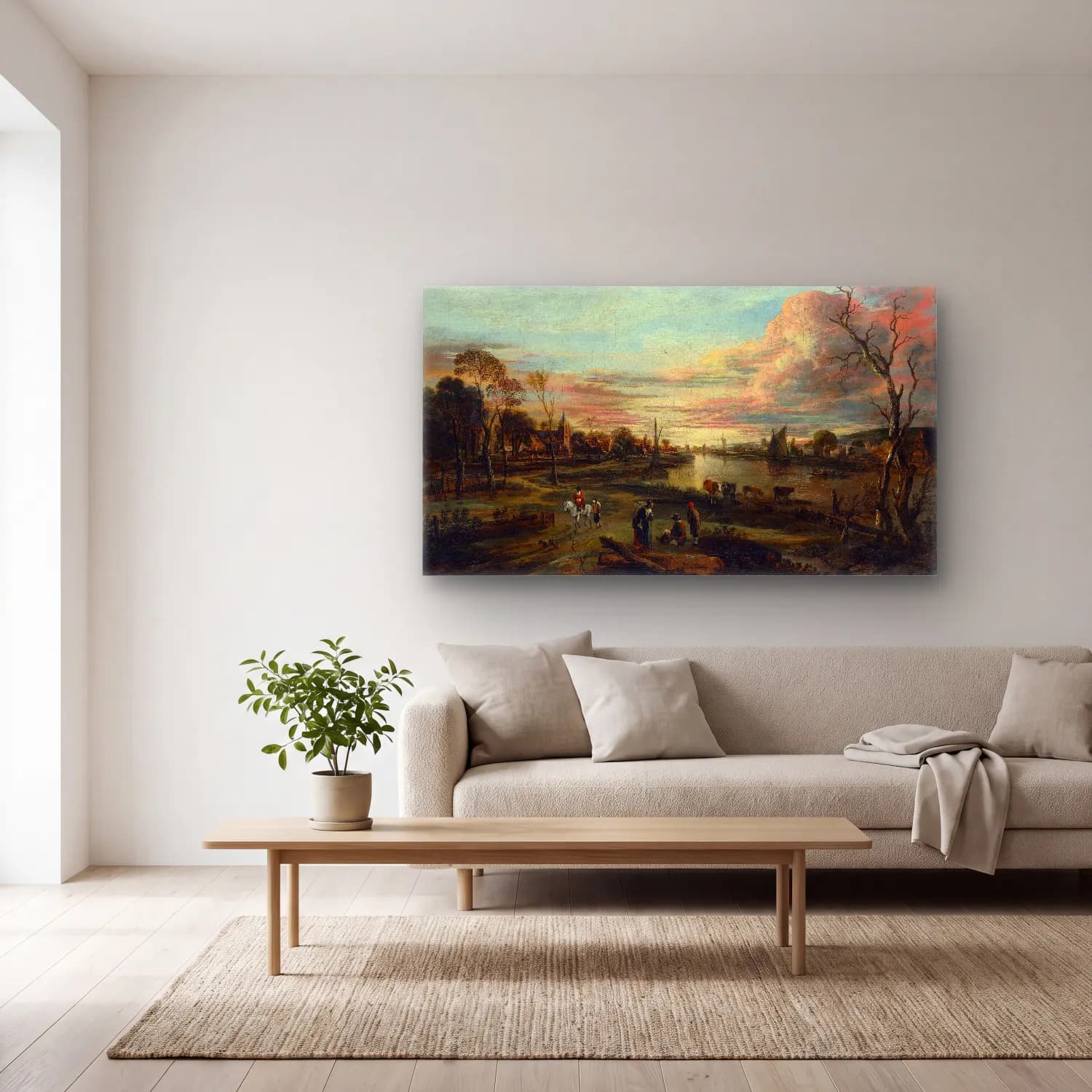 Aert van der Neer – Landscape at Sunset cam tablo — açık renk salonda