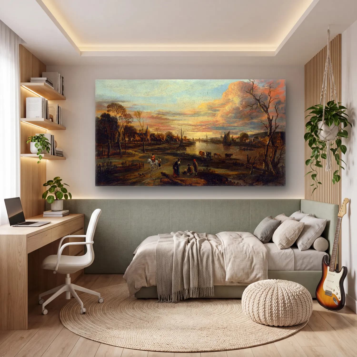 Aert van der Neer – Landscape at Sunset cam tablo — genç odasında