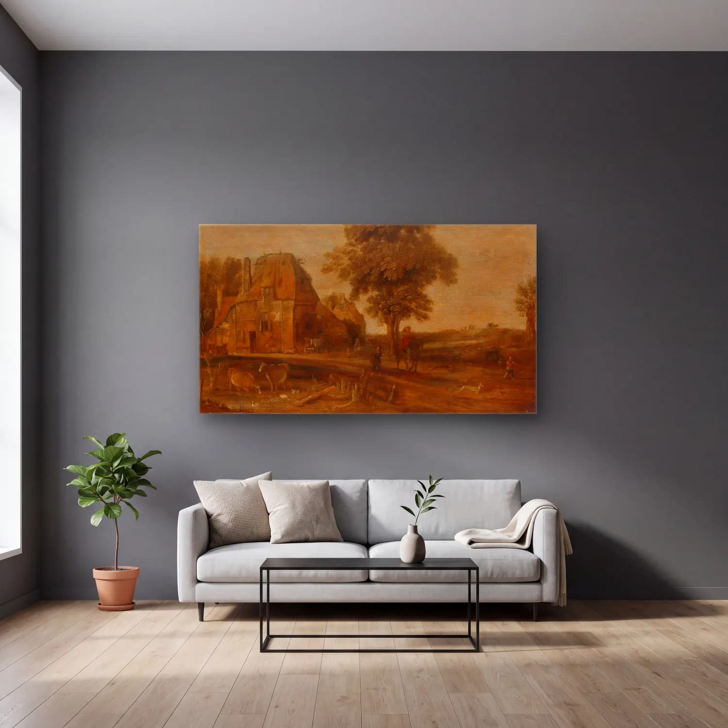 Aert van der Neer – Landscape cam tablo — gri duvarlı salonda