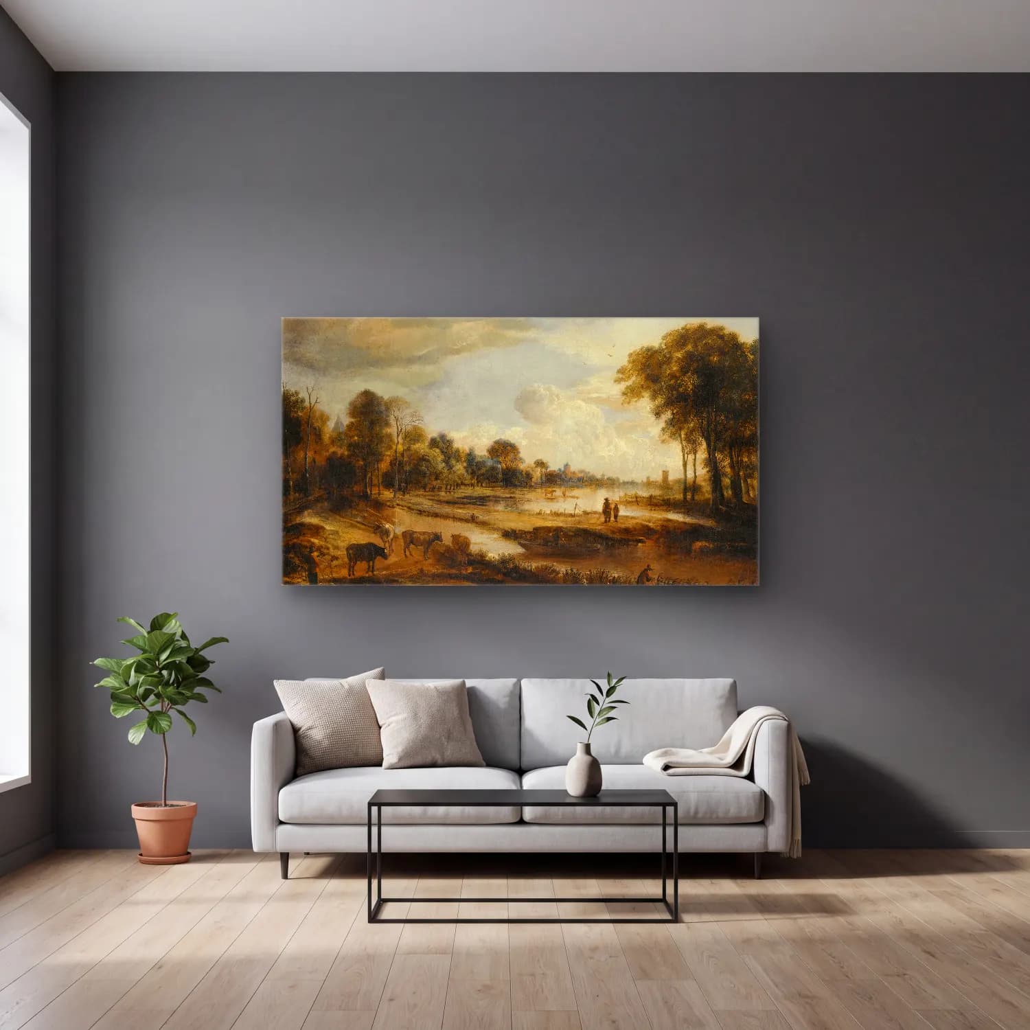 Aert van der Neer – Landscape with an Inn cam tablo — gri duvarlı salonda