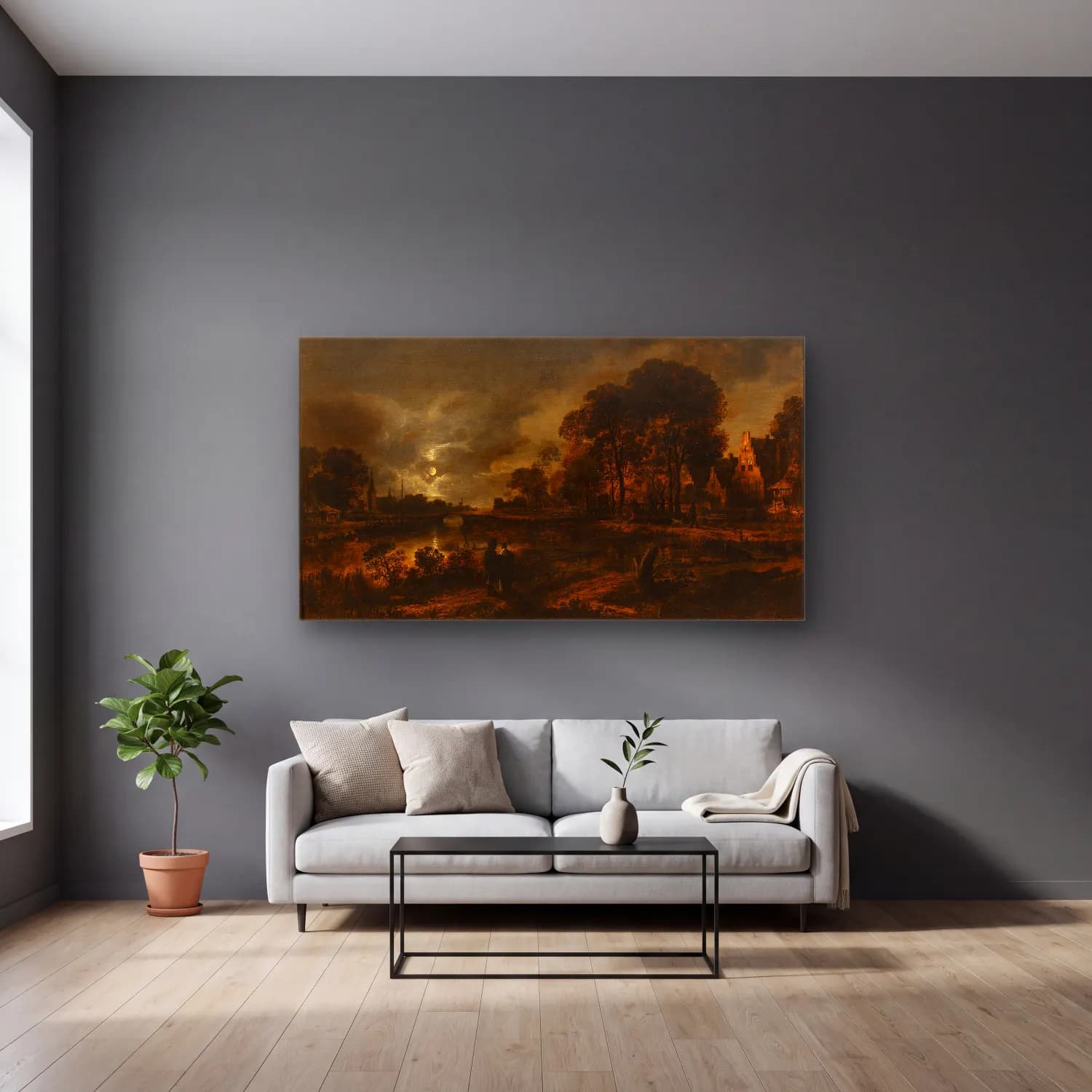 Aert van der Neer – River Landscape cam tablo — gri duvarlı salonda