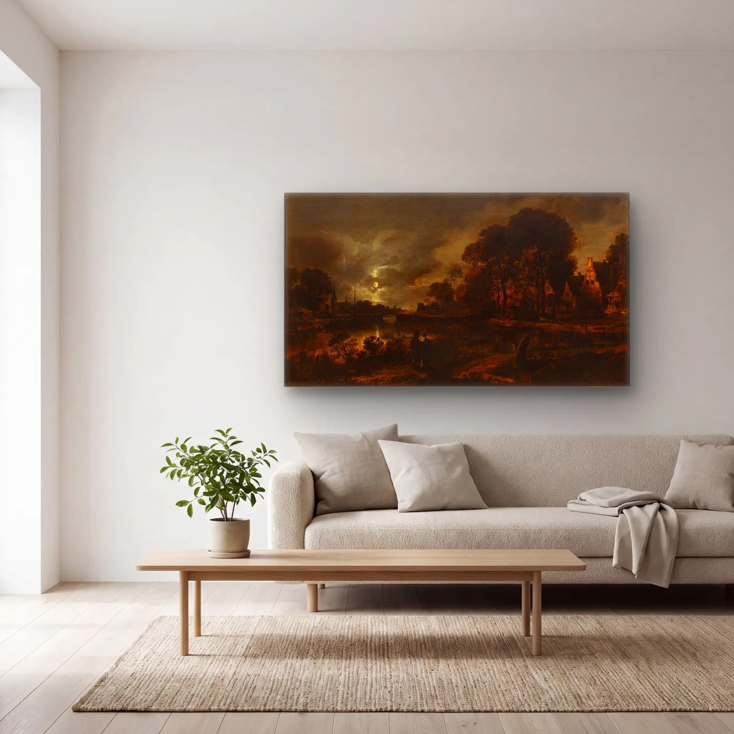 Aert van der Neer – River Landscape cam tablo — açık renk salonda