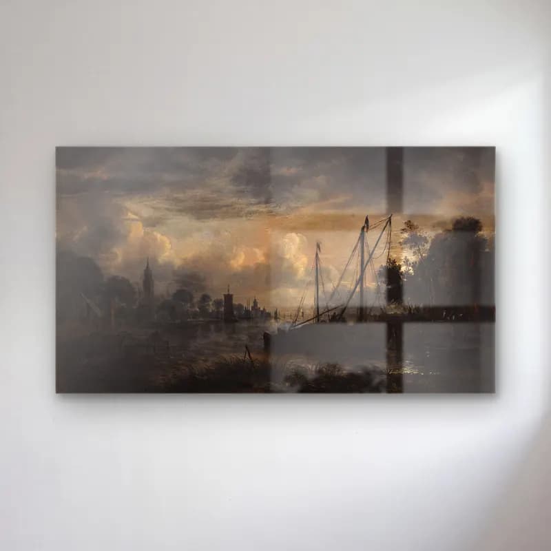 Aert van der Neer – River Landscape in Moonlight cam tablo — Aert van der Neer – River Landscape in Moonlight — yağlı boya liman ve tekneler