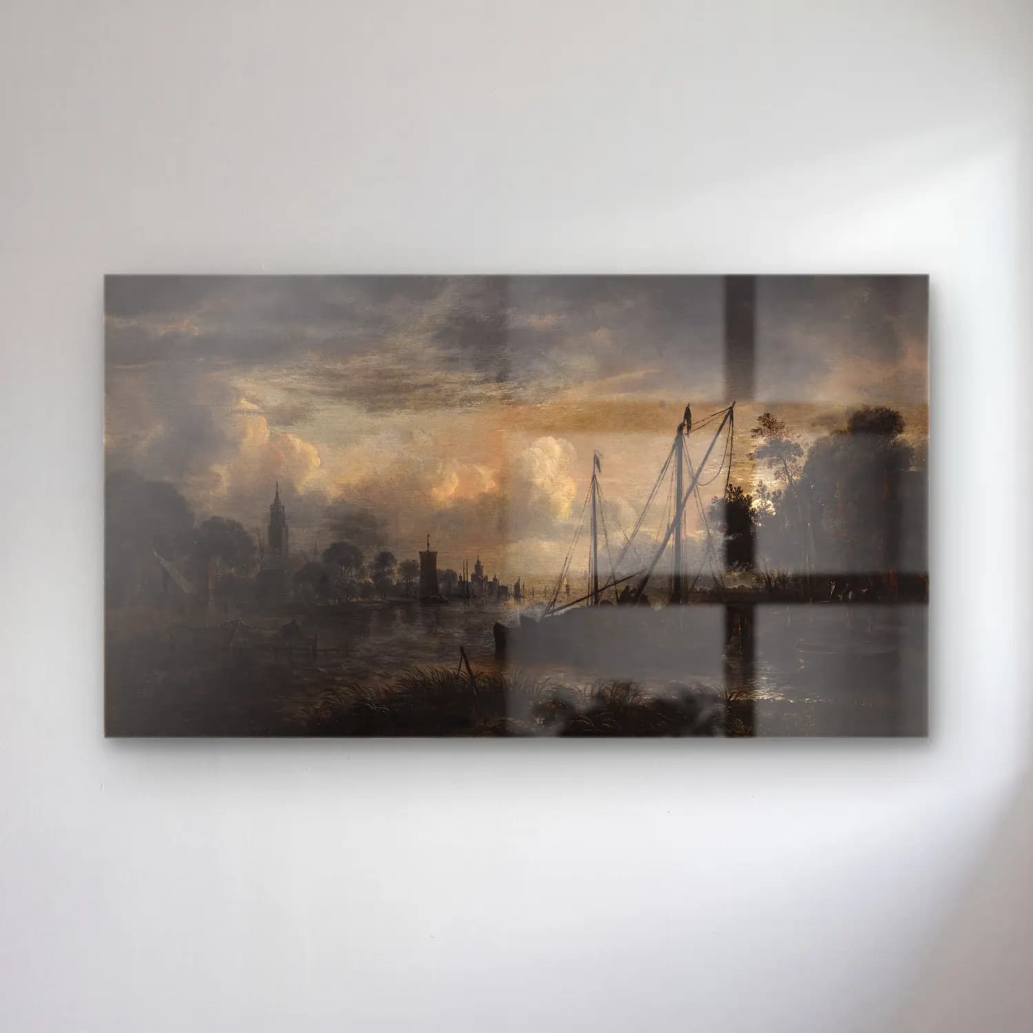 Aert van der Neer – River Landscape in Moonlight cam tablo — Aert van der Neer – River Landscape in Moonlight — yağlı boya liman ve tekneler