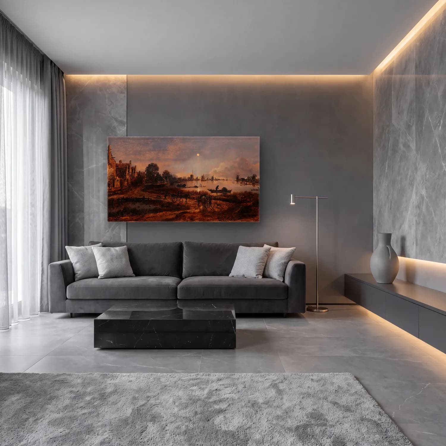 Aert van der Neer – River View cam tablo — lüks salon duvarında