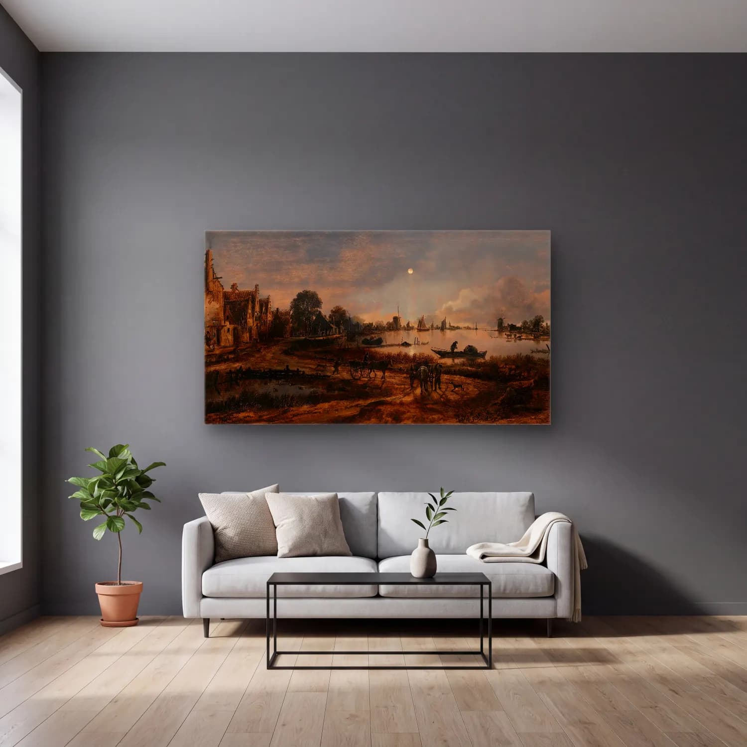 Aert van der Neer – River View cam tablo — gri duvarlı salonda