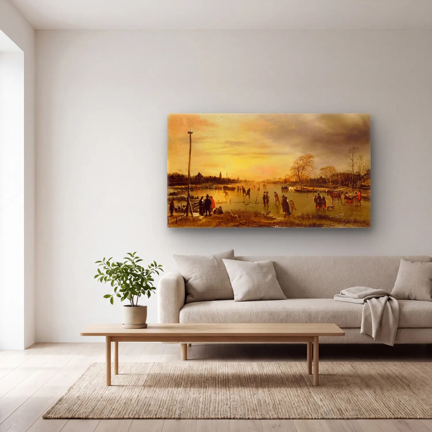 Aert van der Neer – Two Towns on a Frozen River with Golf Players and Ice… cam tablo — açık renk salonda