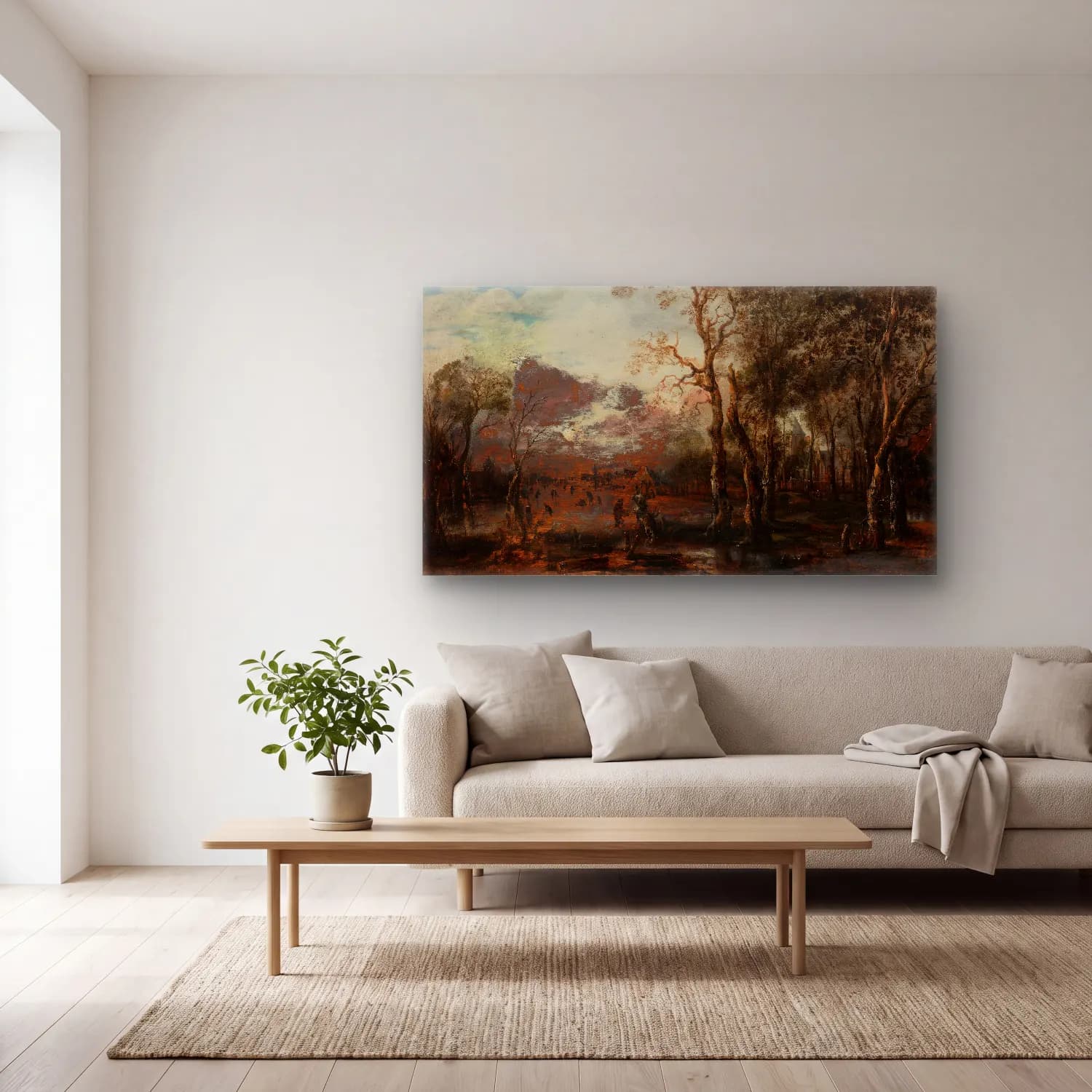 Aert van der Neer – Wooded Landscape with Hunter cam tablo — açık renk salonda
