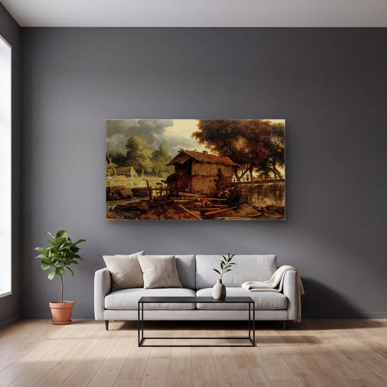 Allaert van Everdingen – Landscape with Sawmill (ca. 1660) cam tablo — gri duvarlı salonda
