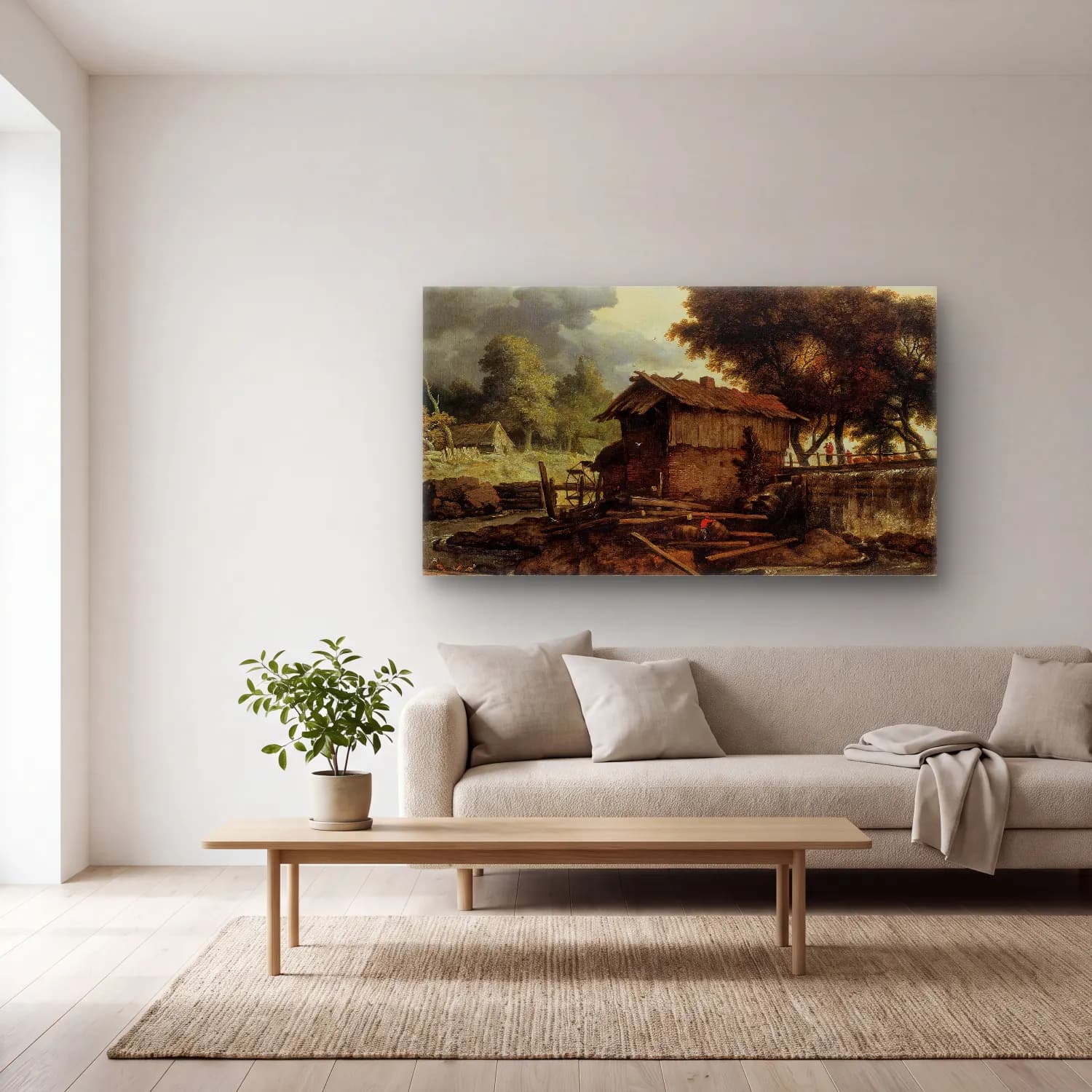 Allaert van Everdingen – Landscape with Sawmill (ca. 1660) cam tablo — açık renk salonda