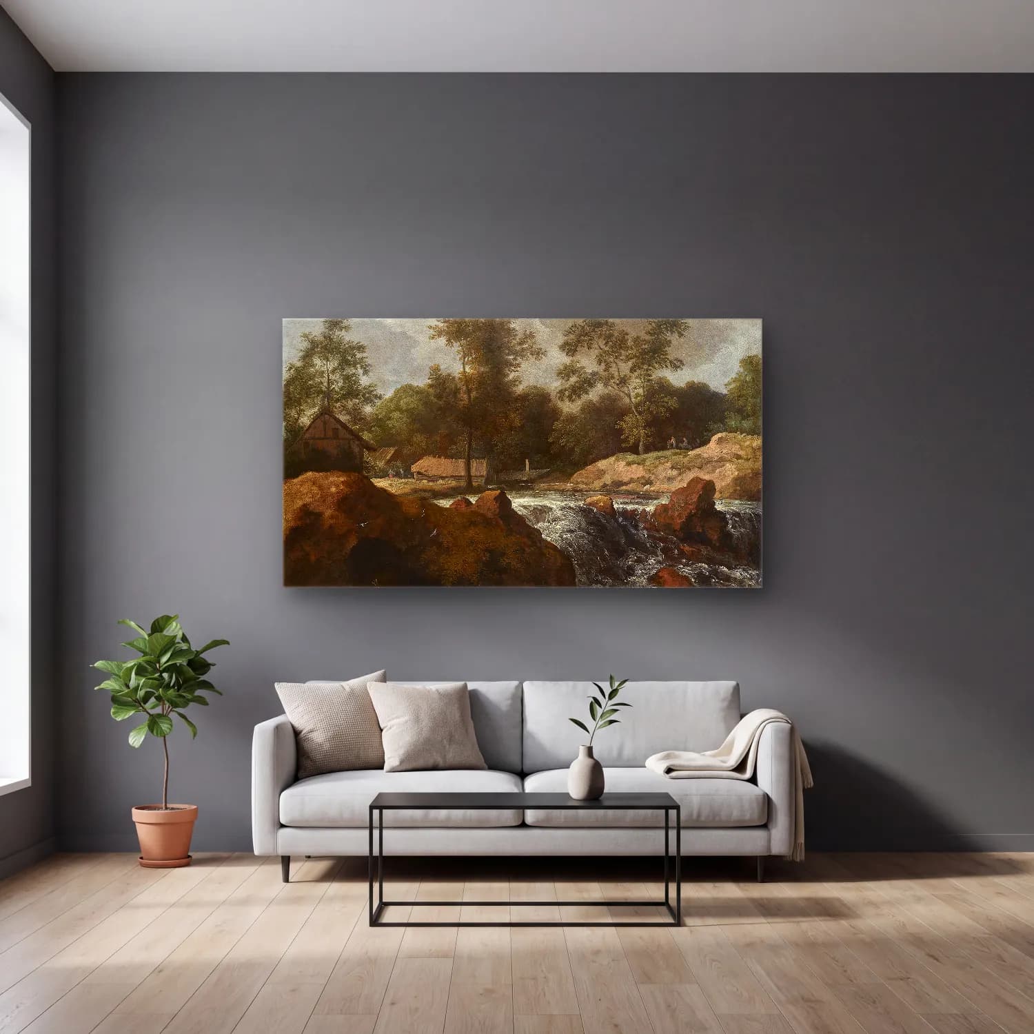 Allaert van Everdingen – Landscape with Waterfall cam tablo — gri duvarlı salonda