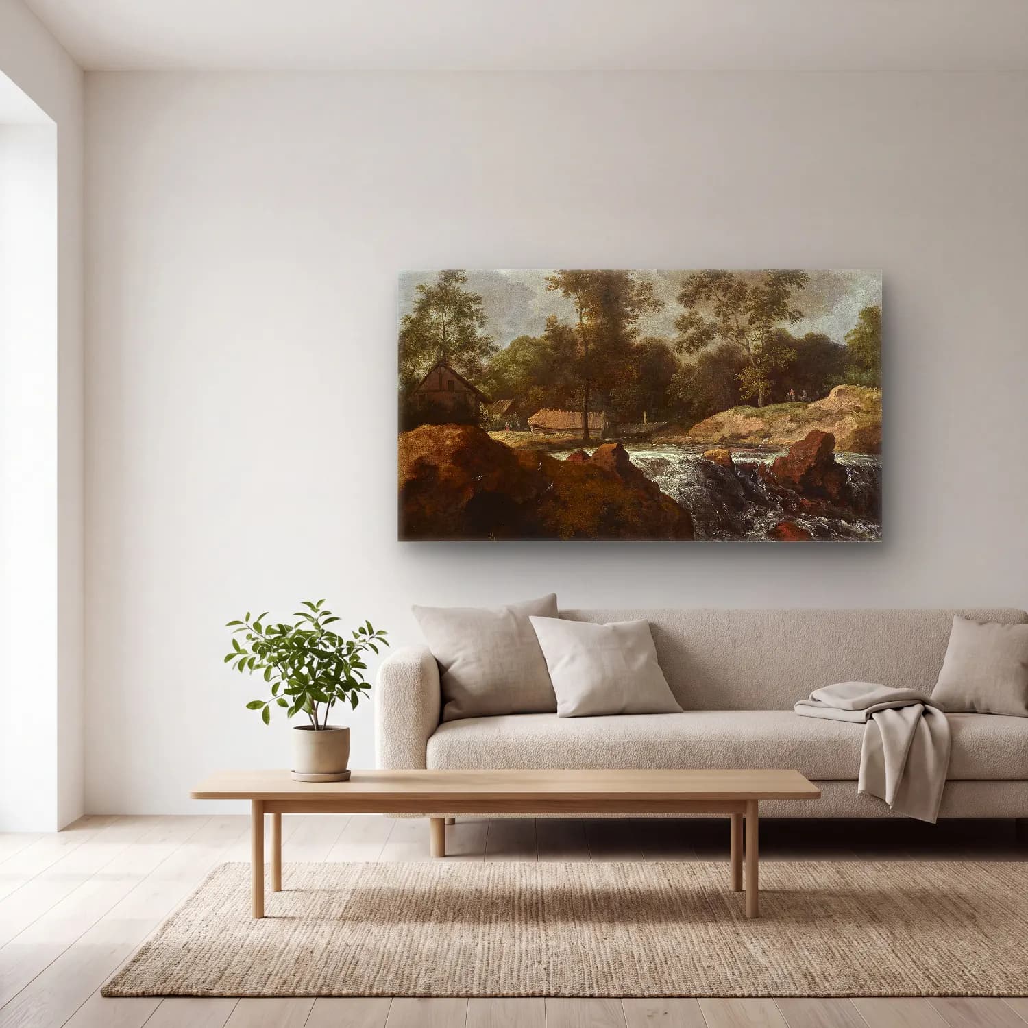 Allaert van Everdingen – Landscape with Waterfall cam tablo — açık renk salonda